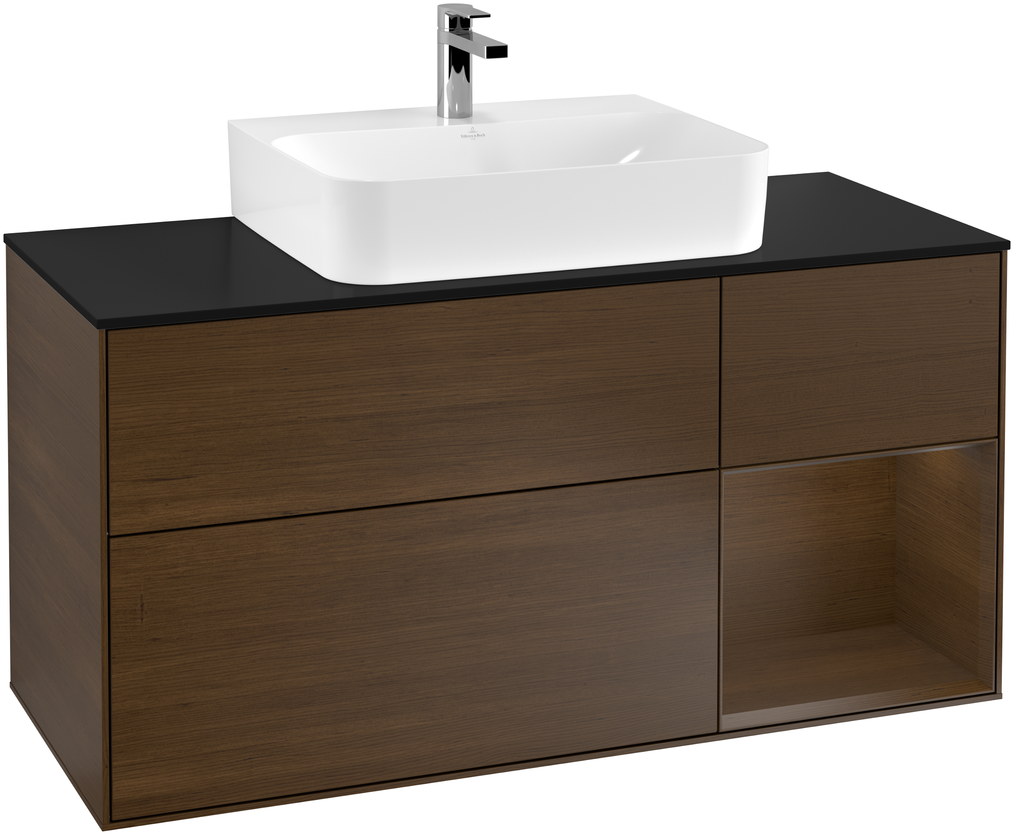 Villeroy & Boch Finion Vanity unit, with lighting, 3 pull-out compartments, 1200x603x501mm, Body: Walnut Veneer, Front: Walnut Veneer, Shelf: Walnut Veneer, Cover plate: Glass Black Matt