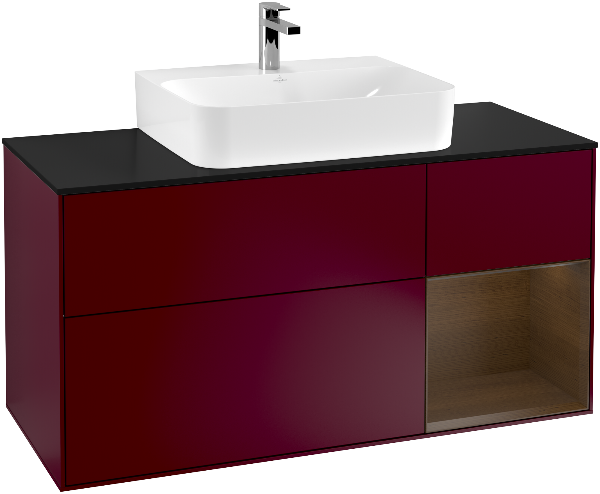 Villeroy & Boch Finion Vanity unit, with lighting, 3 pull-out compartments, 1200x603x501mm, Body: Peony Matt Lacquer, Front: Peony Matt Lacquer, Shelf: Walnut Veneer, Cover plate: Glass Black Matt