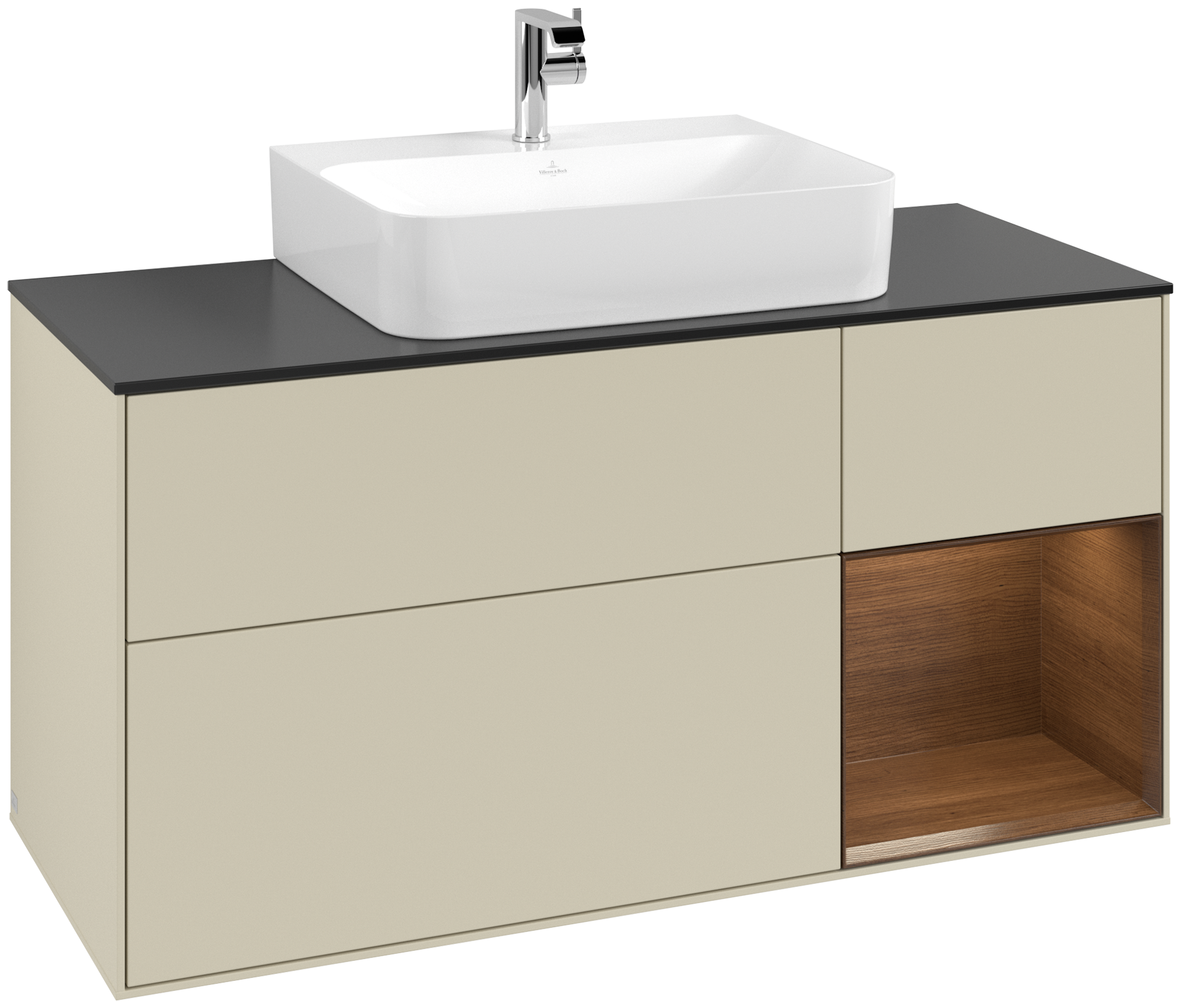 Villeroy & Boch Finion Meuble sous plan, avec éclairage, 3 tiroirs sur rails, 1200x603x501mm, Caisson: Silk Grey Matt Lacquer, Façade: Silk Grey Matt Lacquer, Élément d’étagère: Walnut Veneer, Plaque de recouvrement: Glass Black Matt