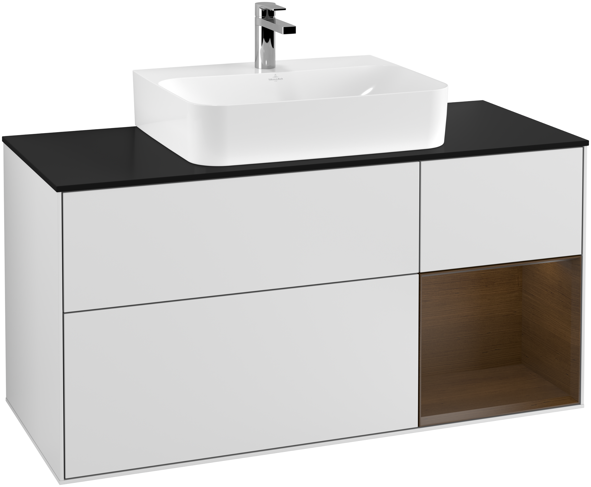 Villeroy & Boch Finion Vanity unit, with lighting, 3 pull-out compartments, 1200x603x501mm, Body: White Matt Lacquer, Front: White Matt Lacquer, Shelf: Walnut Veneer, Cover plate: Glass Black Matt