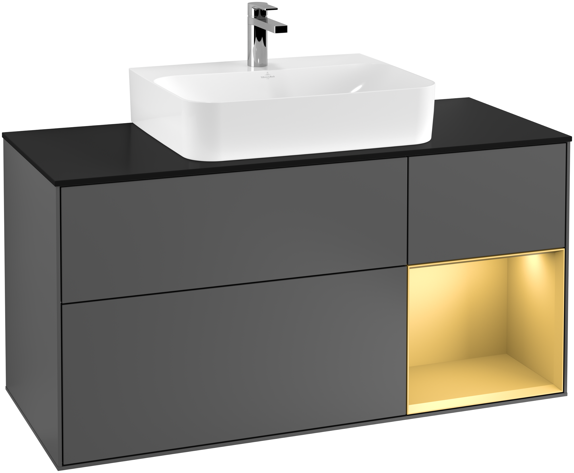 Villeroy & Boch Finion Vanity unit, with lighting, 3 pull-out compartments, 1200x603x501mm, Body: Anthracite Matt Lacquer, Front: Anthracite Matt Lacquer, Shelf: Gold Matt Lacquer, Cover plate: Glass Black Matt