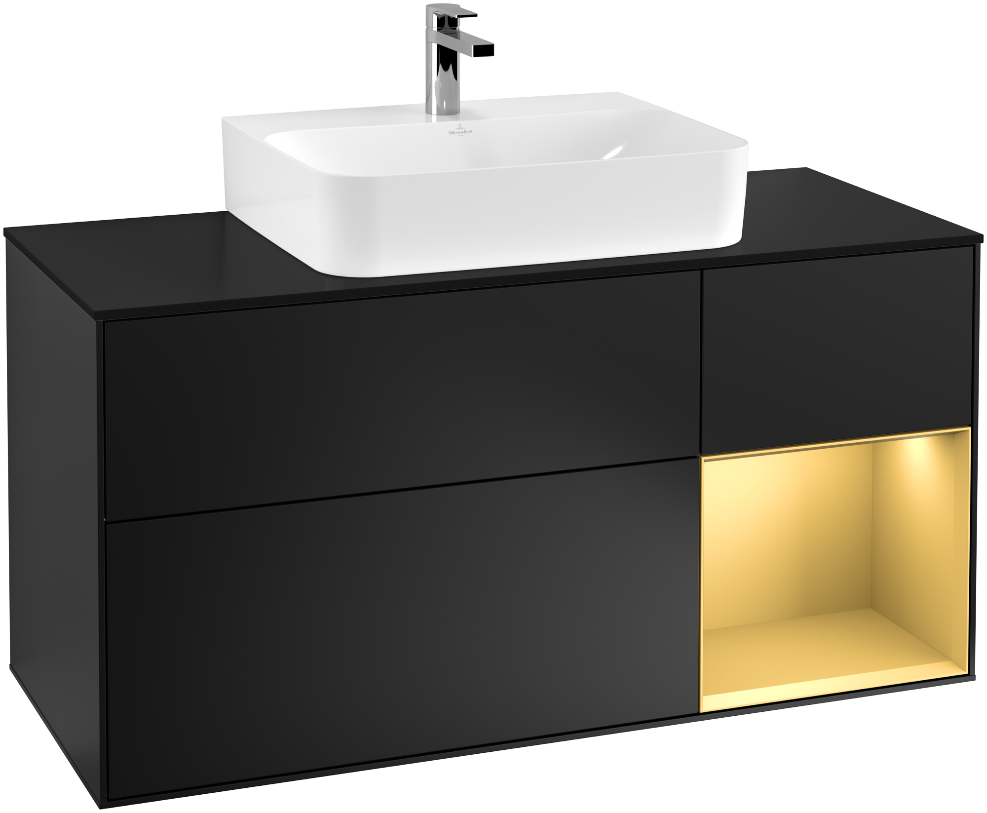 Villeroy & Boch Finion Szafka podumywalkowa, z oświetleniem, 3 elementy wysuwane, 1200x603x501mm, Korpus: Black Matt Lacquer, Front: Black Matt Lacquer, Element regałowy: Gold Matt Lacquer, Blat: Glass Black Matt