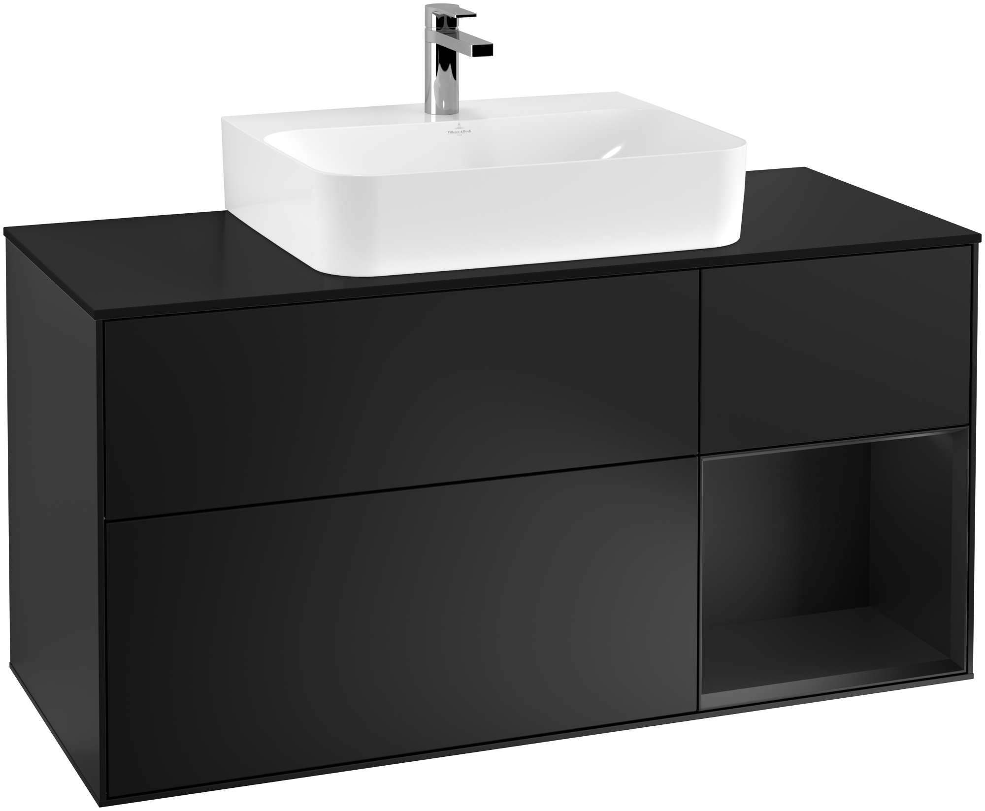 Villeroy & Boch Finion Waschbeckenunterschrank, mit Beleuchtung, 3 Auszüge, 1200x603x501mm, Korpus: Black Matt Lacquer, Front: Black Matt Lacquer, Regalelement: Black Matt Lacquer, Abdeckplatte: Glass Black Matt