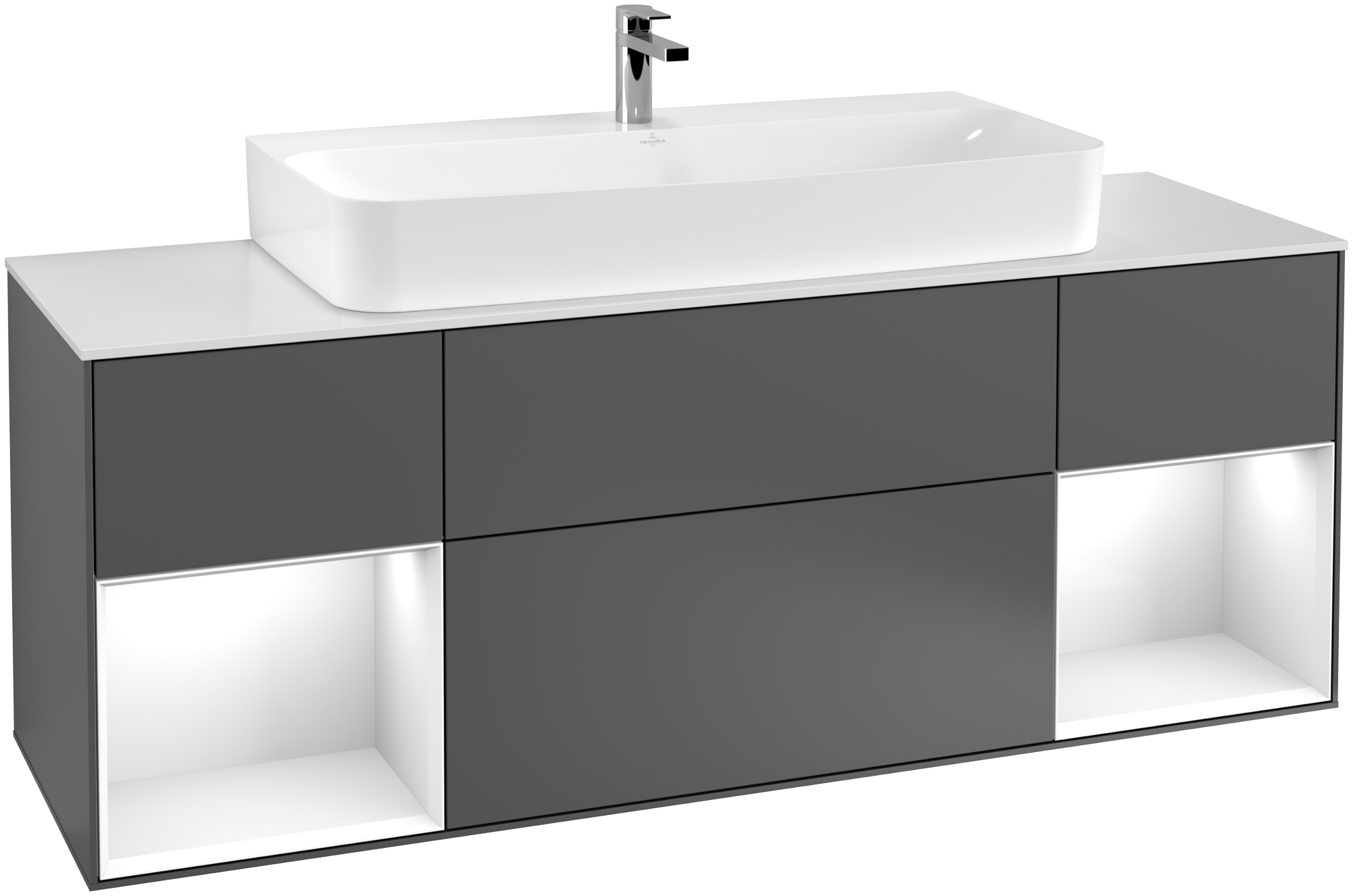 Villeroy & Boch Finion Meuble sous plan, avec éclairage, 4 tiroirs sur rails, 1600x603x501mm, Caisson: Anthracite Matt Lacquer, Façade: Anthracite Matt Lacquer, Élément d’étagère: Glossy White Lacquer, Plaque de recouvrement: Glass White Matt