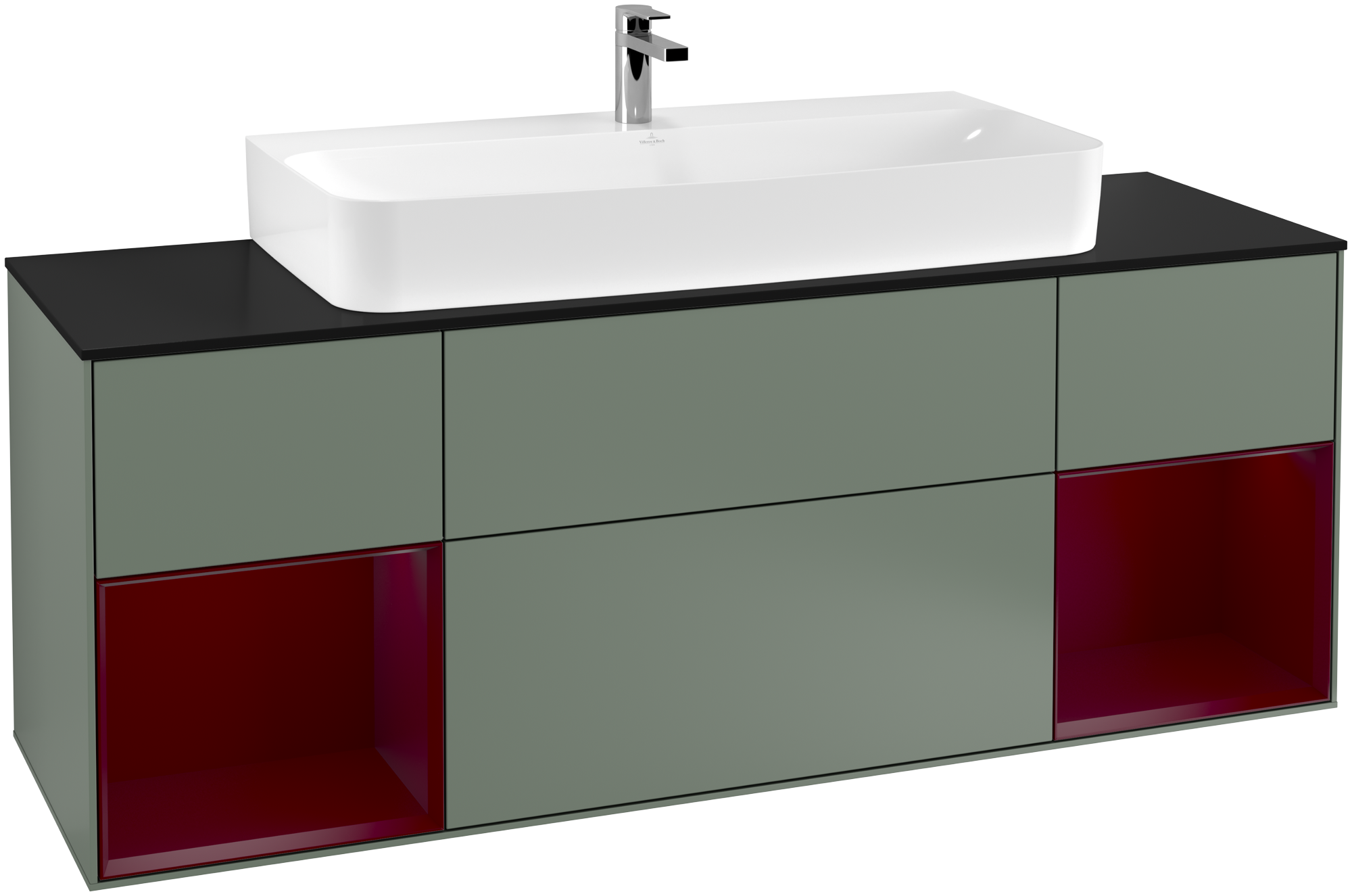Villeroy & Boch Finion Vanity unit, with lighting, 4 pull-out compartments, 1600x603x501mm, Body: Olive Matt Lacquer, Front: Olive Matt Lacquer, Shelf: Peony Matt Lacquer, Cover plate: Glass Black Matt