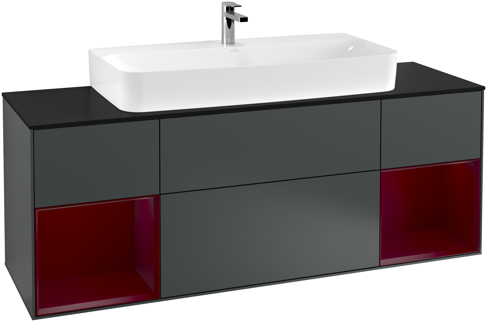 Villeroy & Boch Finion Vanity unit, with lighting, 4 pull-out compartments, 1600x603x501mm, Body: Midnight Blue Matt Lacquer, Front: Midnight Blue Matt Lacquer, Shelf: Peony Matt Lacquer, Cover plate: Glass Black Matt
