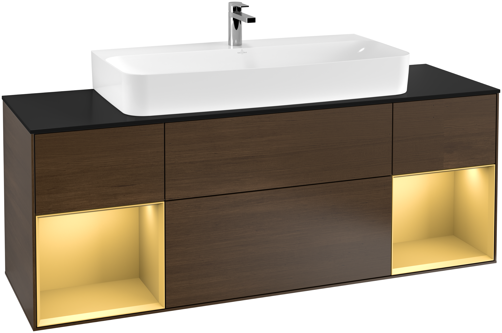 Villeroy & Boch Finion Szafka podumywalkowa, z oświetleniem, 4 elementy wysuwane, 1600x603x501mm, Korpus: Walnut Veneer, Front: Walnut Veneer, Element regałowy: Gold Matt Lacquer, Blat: Glass Black Matt