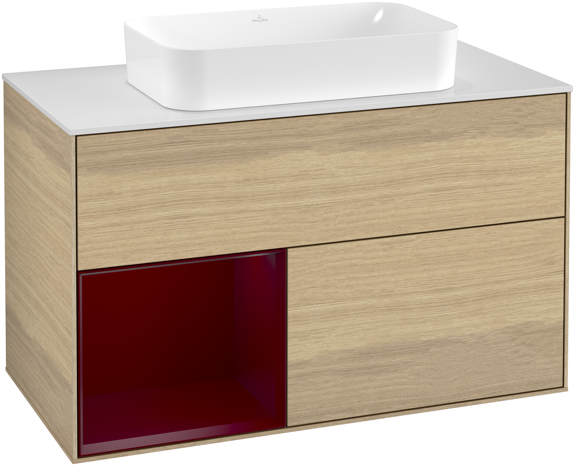 Villeroy & Boch Finion Meuble sous plan, avec éclairage, 2 tiroirs sur rails, 1000x603x501mm, Caisson: Oak Veneer, Façade: Oak Veneer, Élément d’étagère: Peony Matt Lacquer, Plaque de recouvrement: Glass White Matt