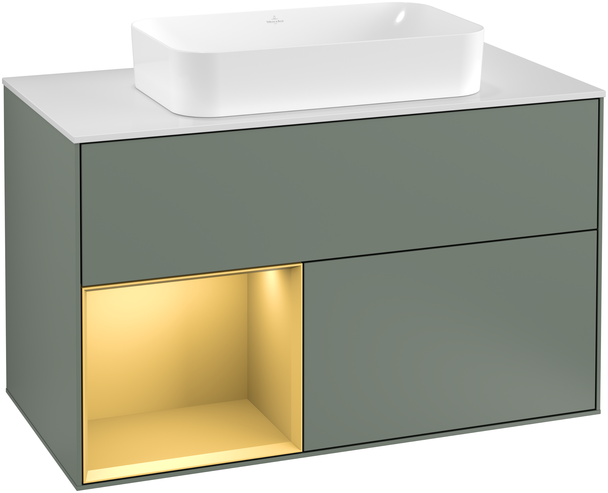 Villeroy & Boch Finion Meuble sous plan, avec éclairage, 2 tiroirs sur rails, 1000x603x501mm, Caisson: Olive Matt Lacquer, Façade: Olive Matt Lacquer, Élément d’étagère: Gold Matt Lacquer, Plaque de recouvrement: Glass White Matt