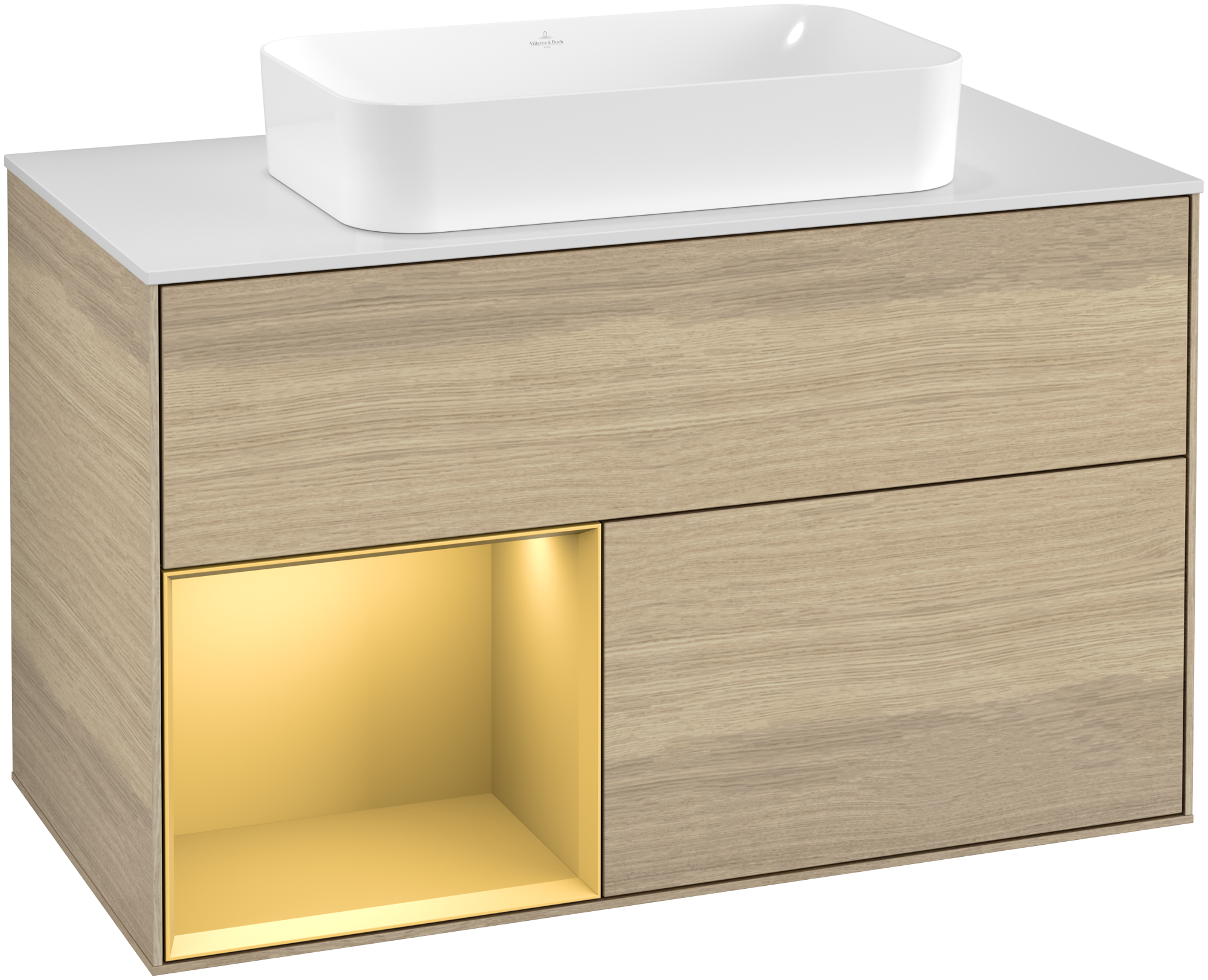 Villeroy & Boch Finion Meuble sous plan, avec éclairage, 2 tiroirs sur rails, 1000x603x501mm, Caisson: Oak Veneer, Façade: Oak Veneer, Élément d’étagère: Gold Matt Lacquer, Plaque de recouvrement: Glass White Matt
