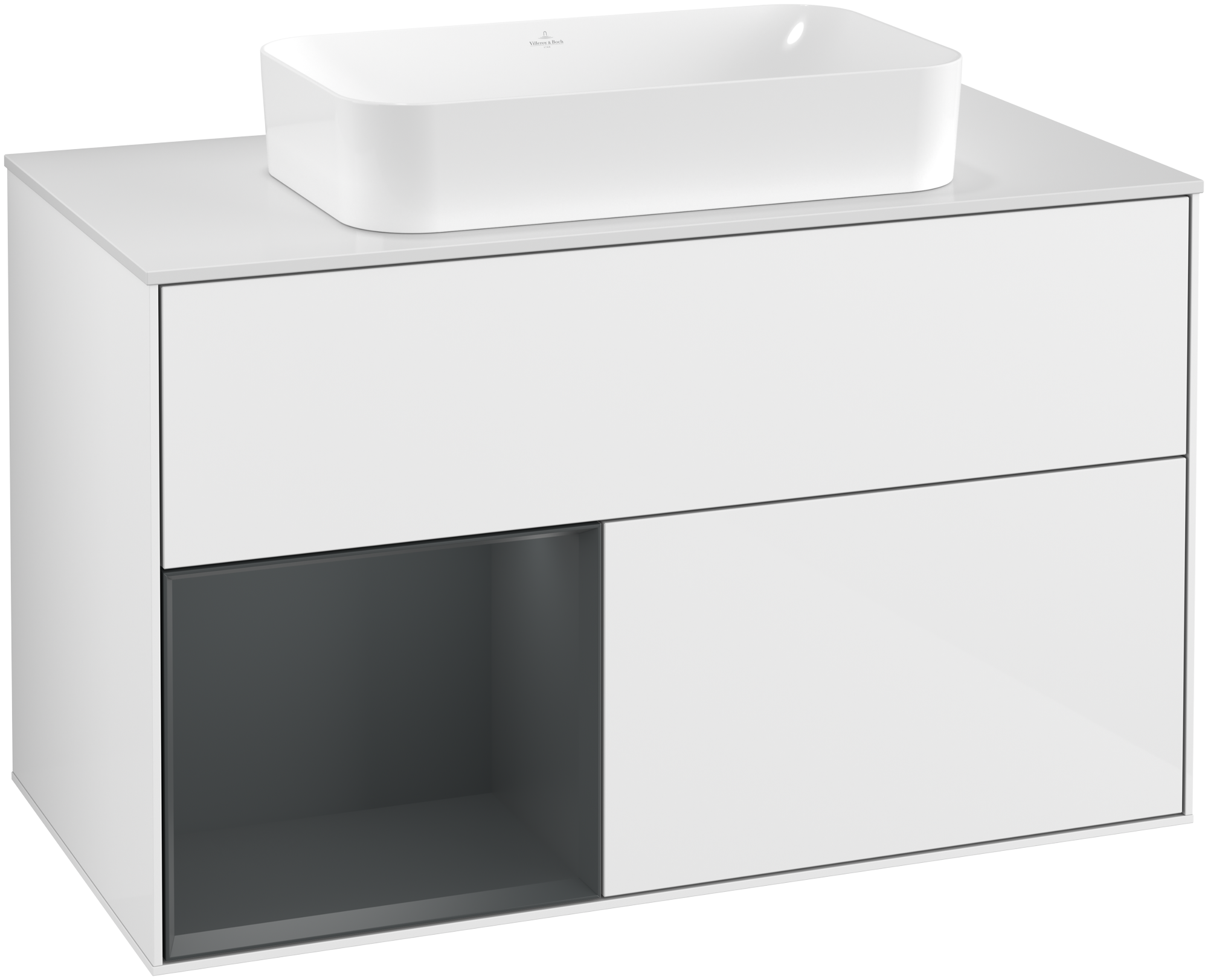Villeroy & Boch Finion Meuble sous plan, avec éclairage, 2 tiroirs sur rails, 1000x603x501mm, Caisson: Glossy White Lacquer, Façade: Glossy White Lacquer, Élément d’étagère: Midnight Blue Matt Lacquer, Plaque de recouvrement: Glass White Matt