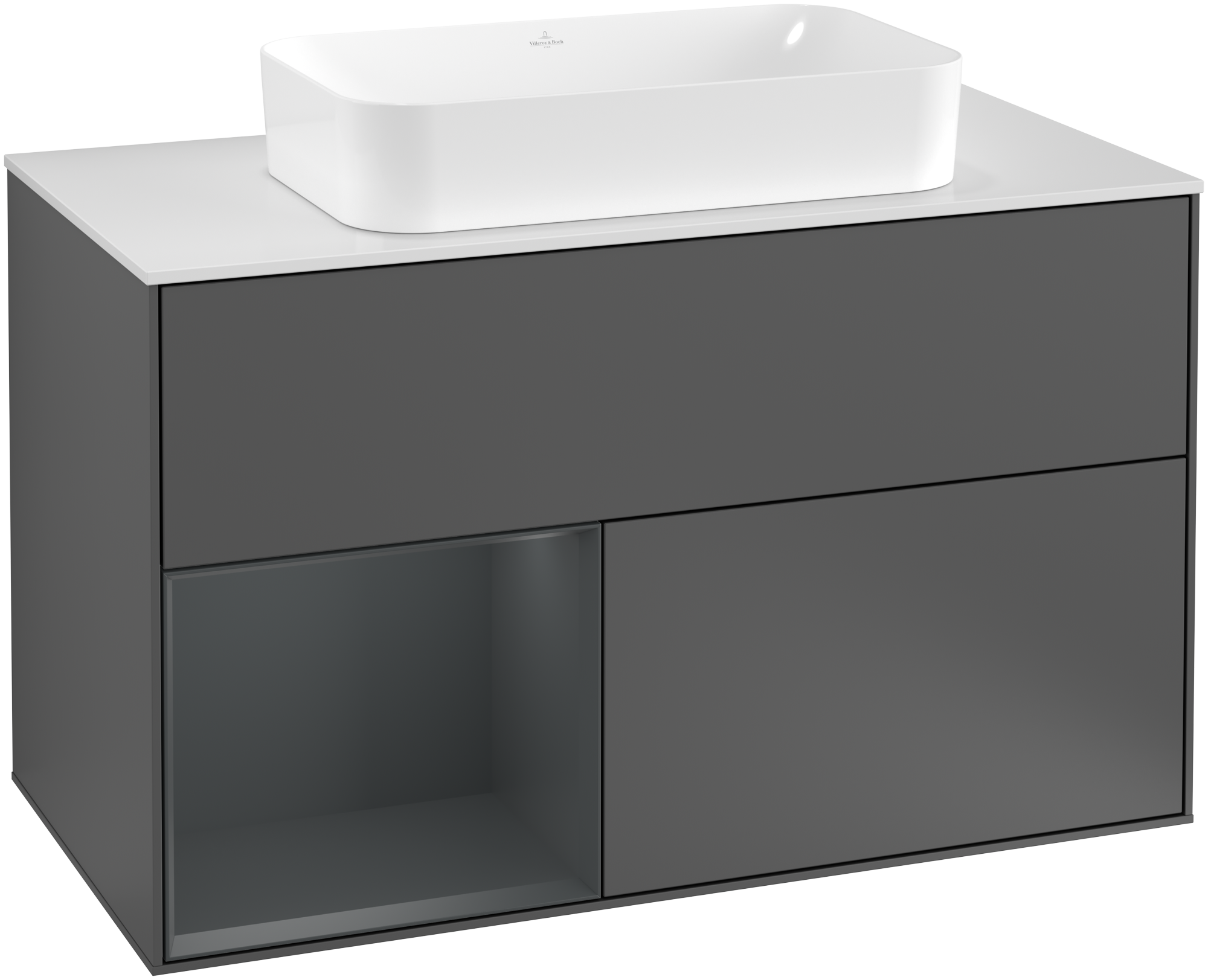 Villeroy & Boch Finion Meuble sous plan, avec éclairage, 2 tiroirs sur rails, 1000x603x501mm, Caisson: Anthracite Matt Lacquer, Façade: Anthracite Matt Lacquer, Élément d’étagère: Midnight Blue Matt Lacquer, Plaque de recouvrement: Glass White Matt