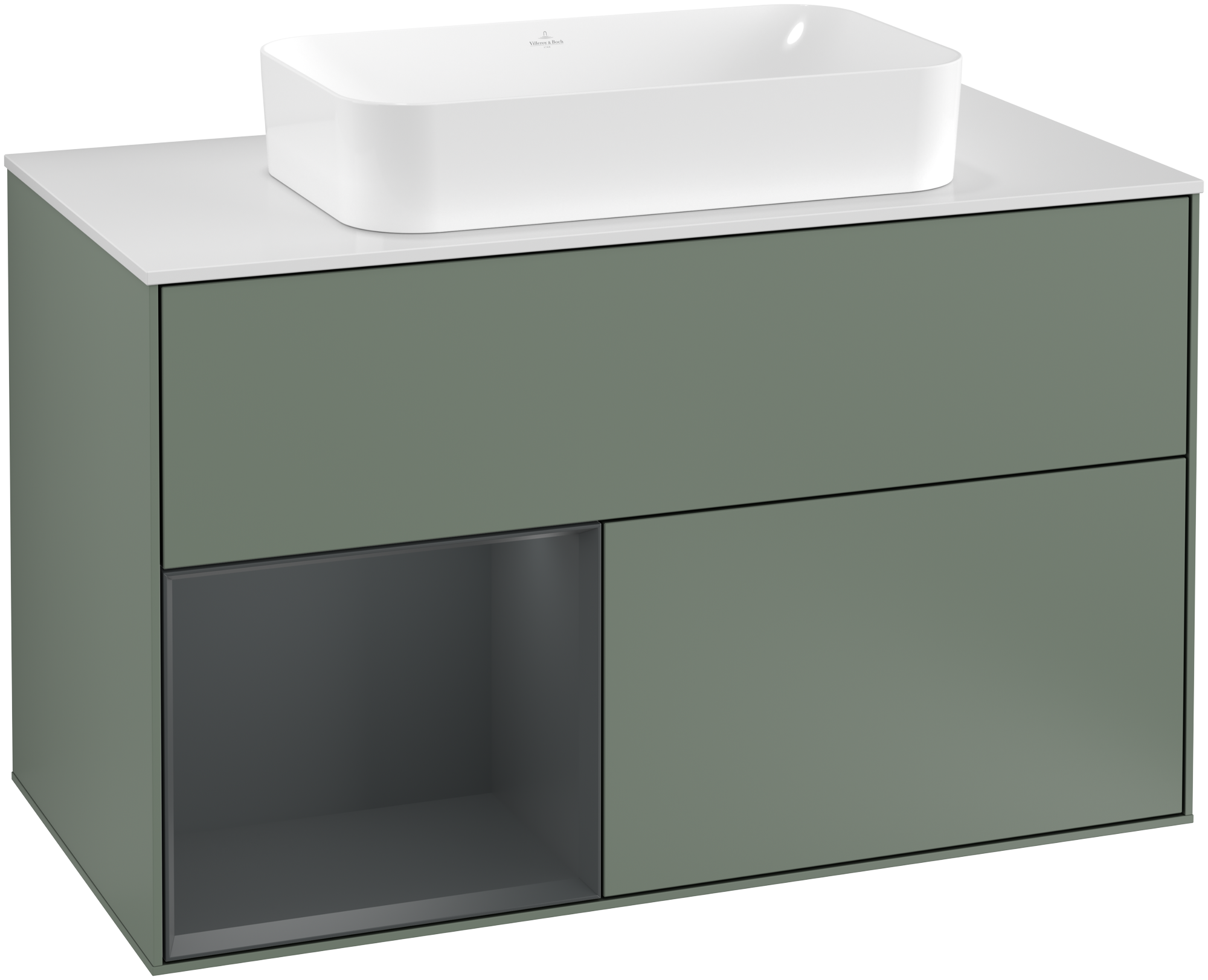 Villeroy & Boch Finion Meuble sous plan, avec éclairage, 2 tiroirs sur rails, 1000x603x501mm, Caisson: Olive Matt Lacquer, Façade: Olive Matt Lacquer, Élément d’étagère: Midnight Blue Matt Lacquer, Plaque de recouvrement: Glass White Matt