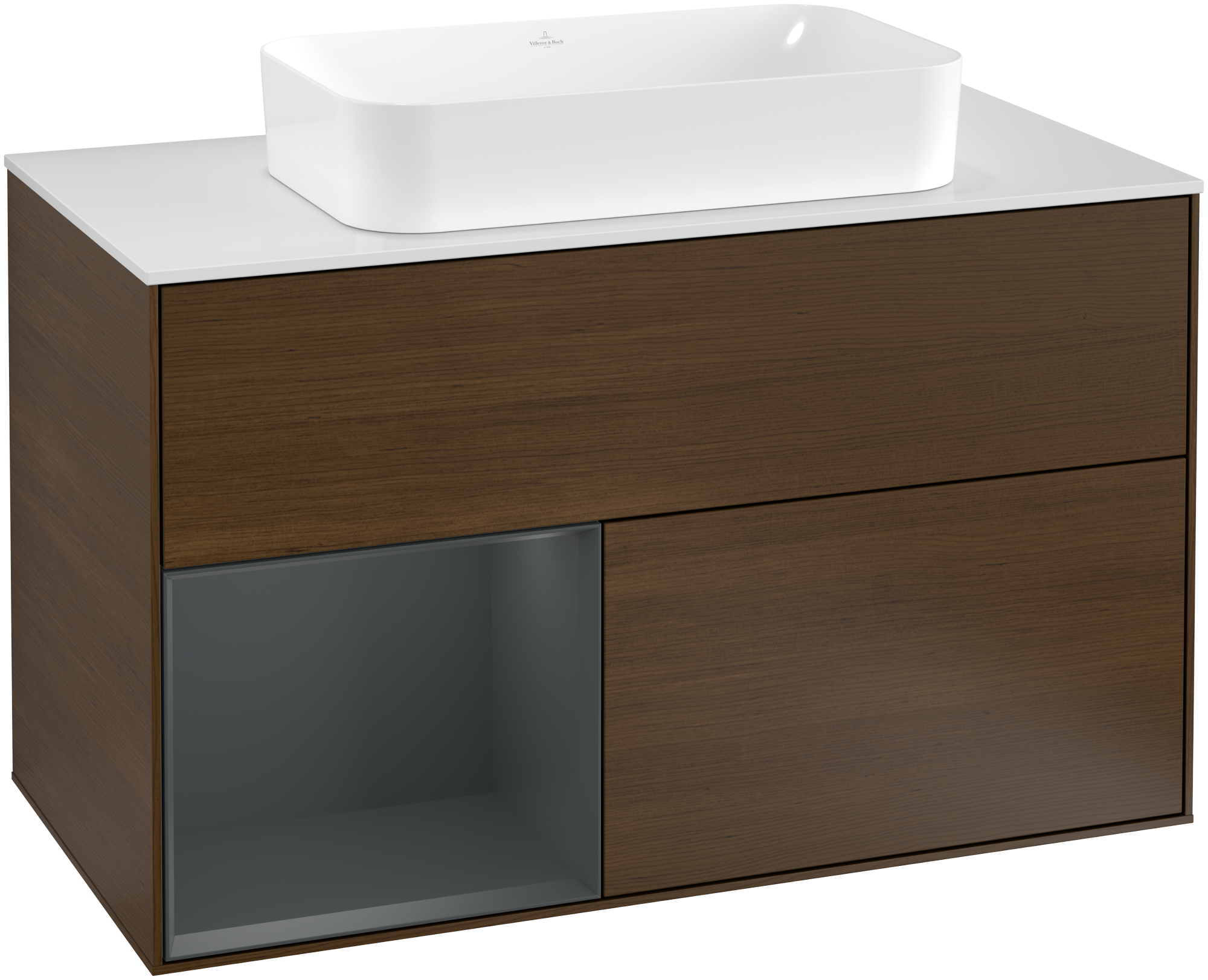 Villeroy & Boch Finion Meuble sous plan, avec éclairage, 2 tiroirs sur rails, 1000x603x501mm, Caisson: Walnut Veneer, Façade: Walnut Veneer, Élément d’étagère: Midnight Blue Matt Lacquer, Plaque de recouvrement: Glass White Matt