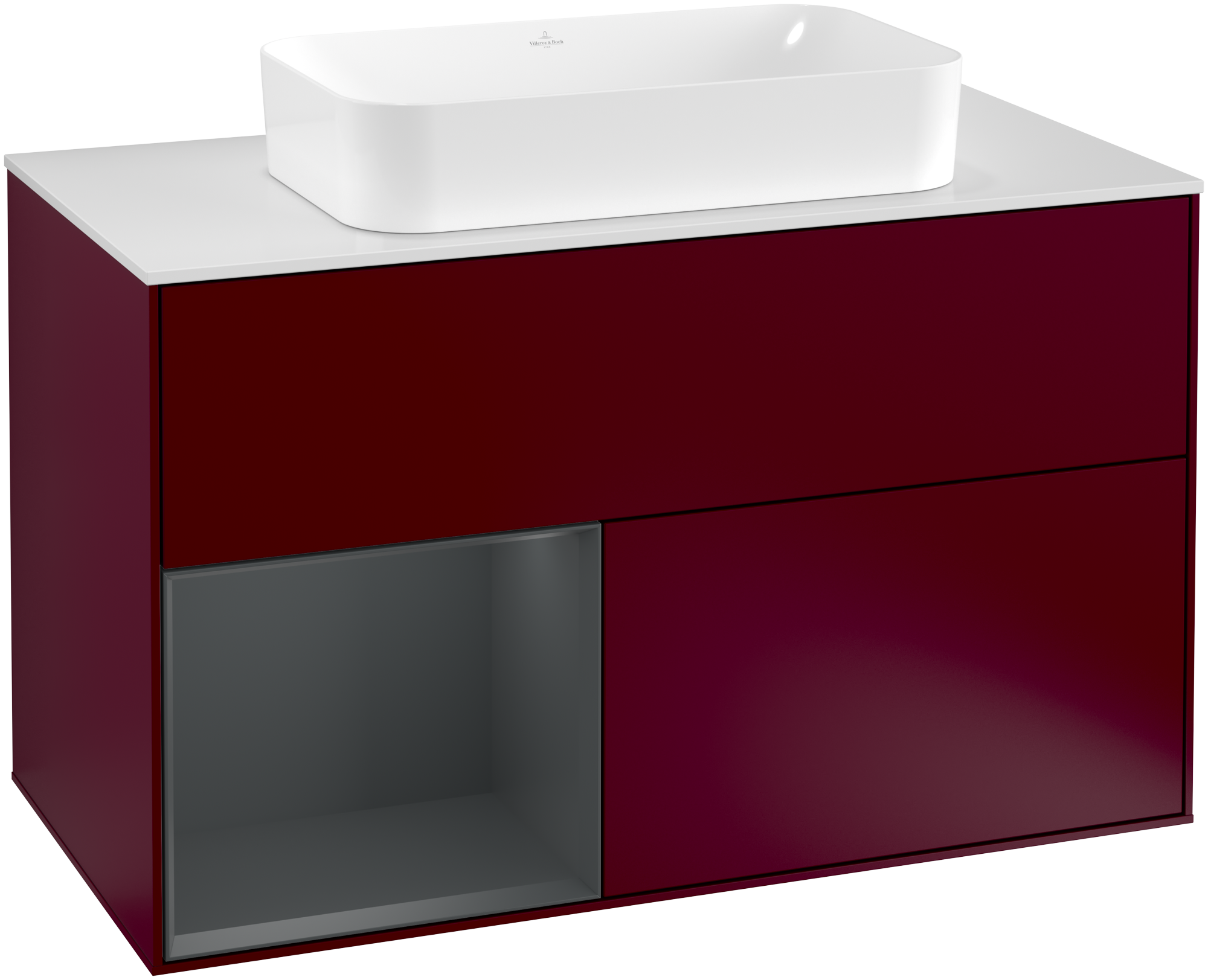 Villeroy & Boch Finion Meuble sous plan, avec éclairage, 2 tiroirs sur rails, 1000x603x501mm, Caisson: Peony Matt Lacquer, Façade: Peony Matt Lacquer, Élément d’étagère: Midnight Blue Matt Lacquer, Plaque de recouvrement: Glass White Matt