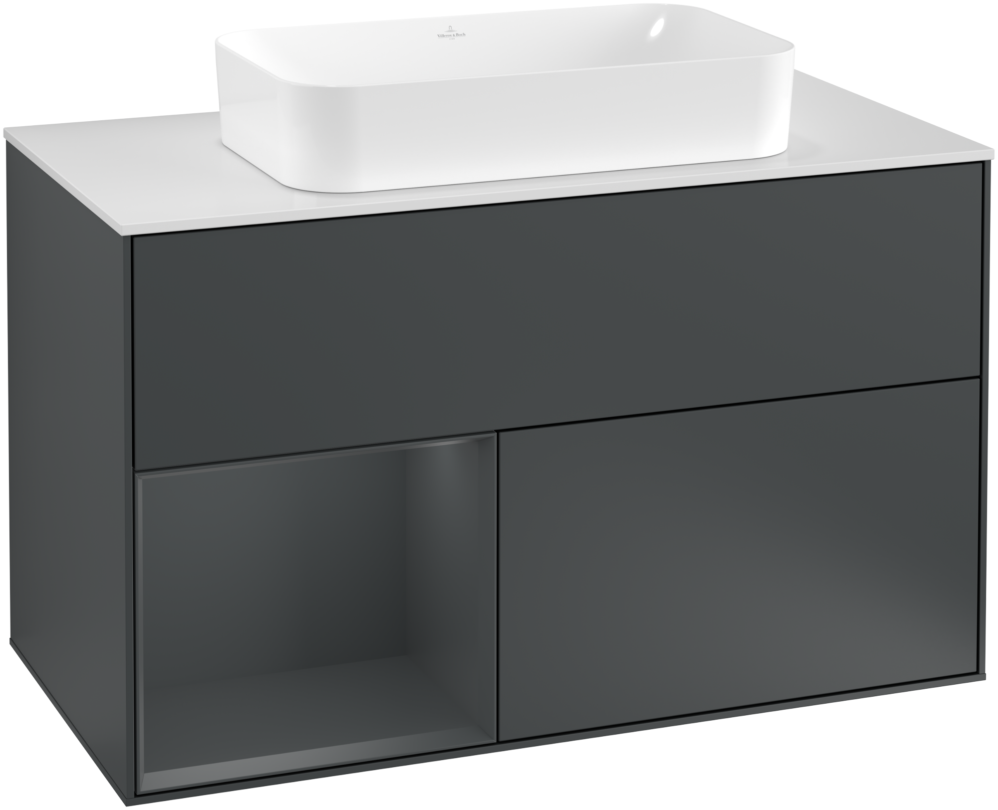 Villeroy & Boch Finion Meuble sous plan, avec éclairage, 2 tiroirs sur rails, 1000x603x501mm, Caisson: Midnight Blue Matt Lacquer, Façade: Midnight Blue Matt Lacquer, Élément d’étagère: Midnight Blue Matt Lacquer, Plaque de recouvrement: Glass White Matt