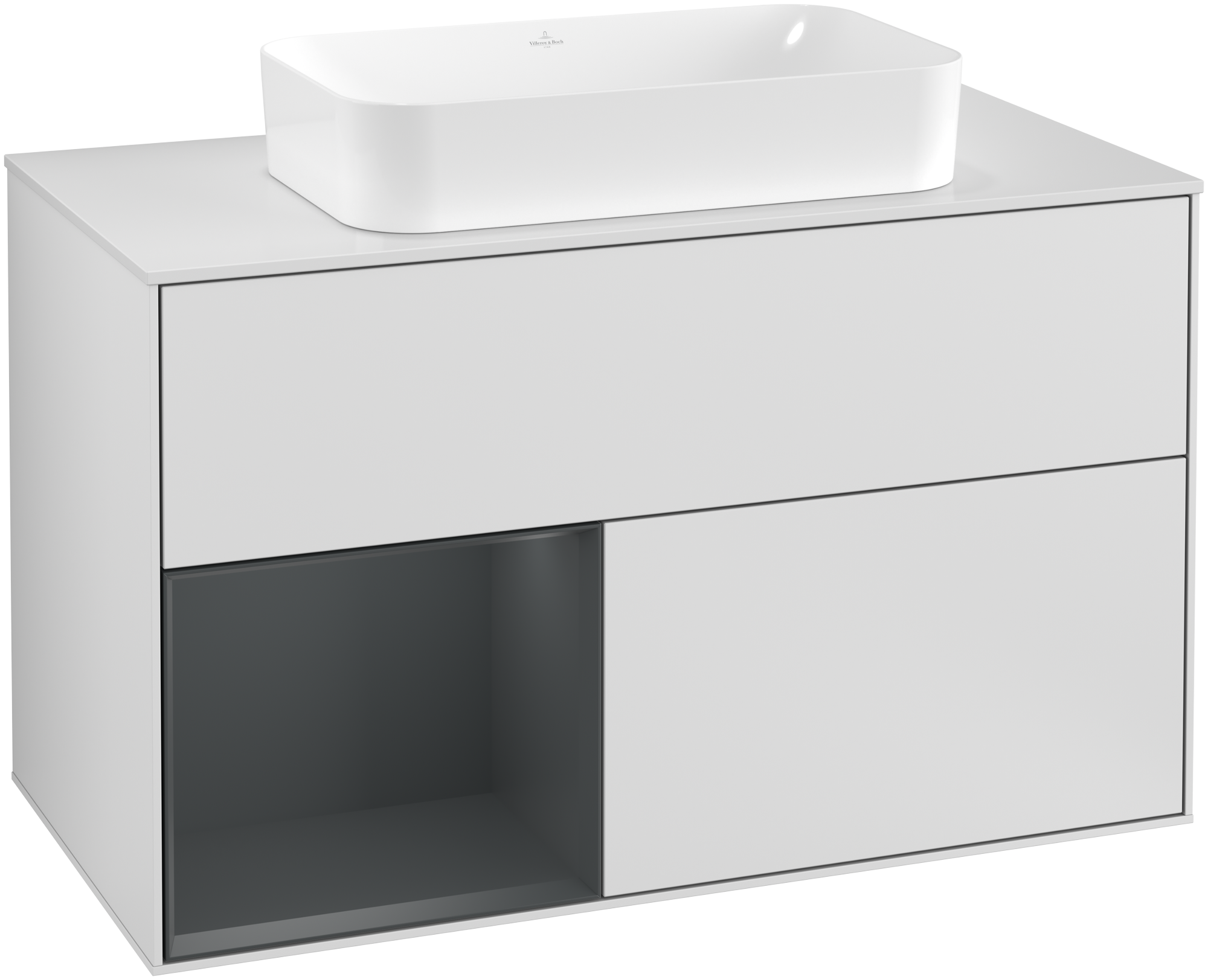 Villeroy & Boch Finion Meuble sous plan, avec éclairage, 2 tiroirs sur rails, 1000x603x501mm, Caisson: White Matt Lacquer, Façade: White Matt Lacquer, Élément d’étagère: Midnight Blue Matt Lacquer, Plaque de recouvrement: Glass White Matt