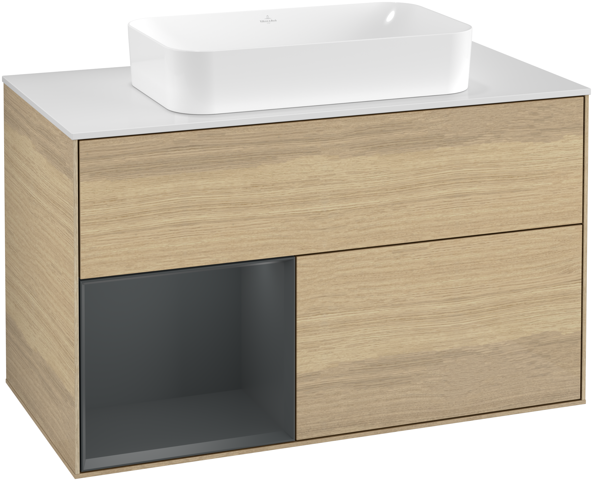 Villeroy & Boch Finion Meuble sous plan, avec éclairage, 2 tiroirs sur rails, 1000x603x501mm, Caisson: Oak Veneer, Façade: Oak Veneer, Élément d’étagère: Midnight Blue Matt Lacquer, Plaque de recouvrement: Glass White Matt