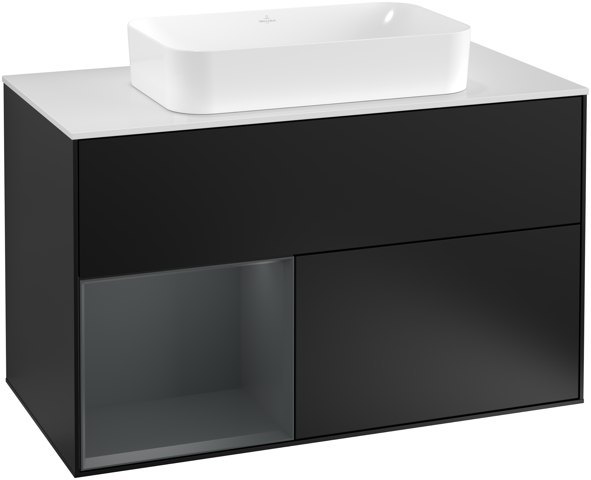 Villeroy & Boch Finion Meuble sous plan, avec éclairage, 2 tiroirs sur rails, 1000x603x501mm, Caisson: Black Matt Lacquer, Façade: Black Matt Lacquer, Élément d’étagère: Midnight Blue Matt Lacquer, Plaque de recouvrement: Glass White Matt