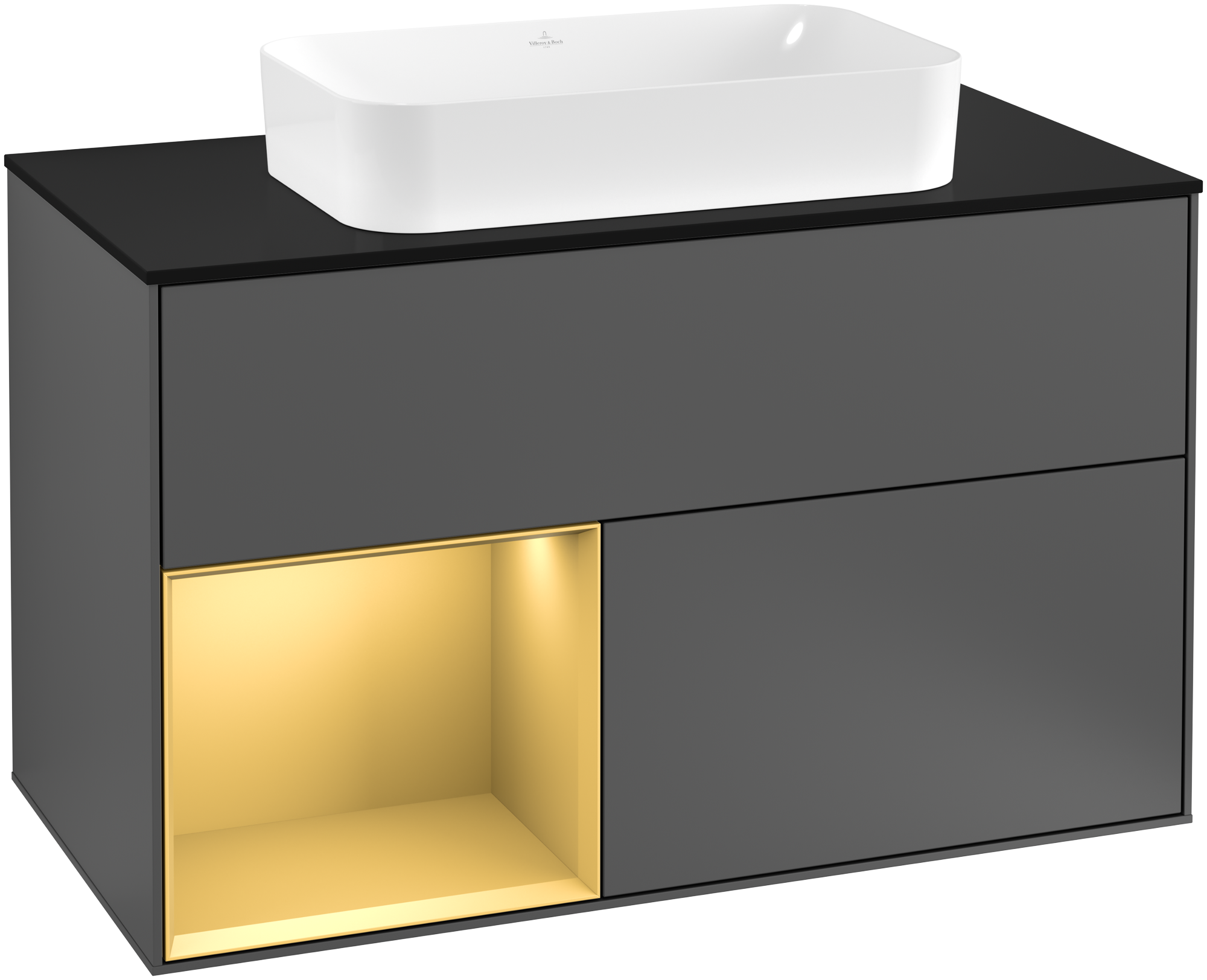 Villeroy & Boch Finion Waschbeckenunterschrank, mit Beleuchtung, 2 Auszüge, 1000x603x501mm, Korpus: Anthracite Matt Lacquer, Front: Anthracite Matt Lacquer, Regalelement: Gold Matt Lacquer, Abdeckplatte: Glass Black Matt