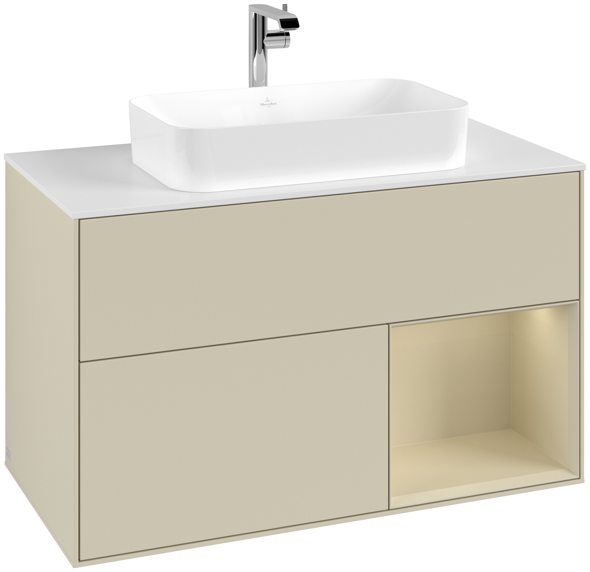 Villeroy & Boch Finion Waschbeckenunterschrank, mit Beleuchtung, 2 Auszüge, 1000x603x501mm, Korpus: Silk Grey Matt Lacquer, Front: Silk Grey Matt Lacquer, Regalelement: Silk Grey Matt Lacquer, Abdeckplatte: Glass White Matt