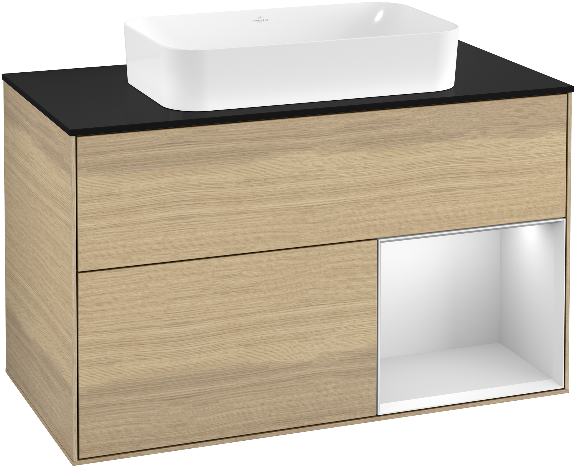 Villeroy & Boch Finion Vanity unit, with lighting, 2 pull-out compartments, 1000x603x501mm, Body: Oak Veneer, Front: Oak Veneer, Shelf: White Matt Lacquer, Cover plate: Glass Black Matt