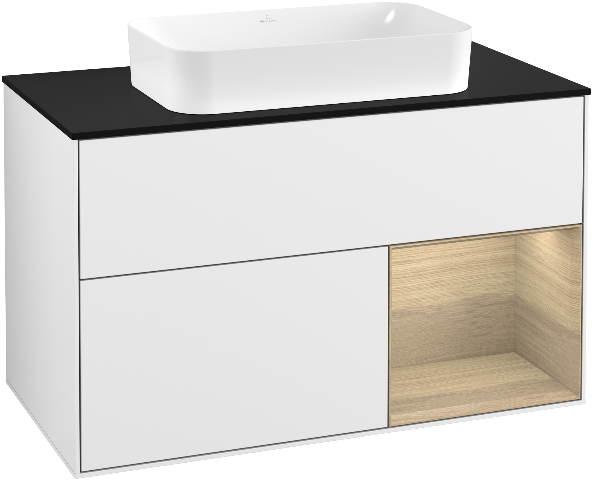 Villeroy & Boch Finion Vanity unit, with lighting, 2 pull-out compartments, 1000x603x501mm, Body: Glossy White Lacquer, Front: Glossy White Lacquer, Shelf: Oak Veneer, Cover plate: Glass Black Matt