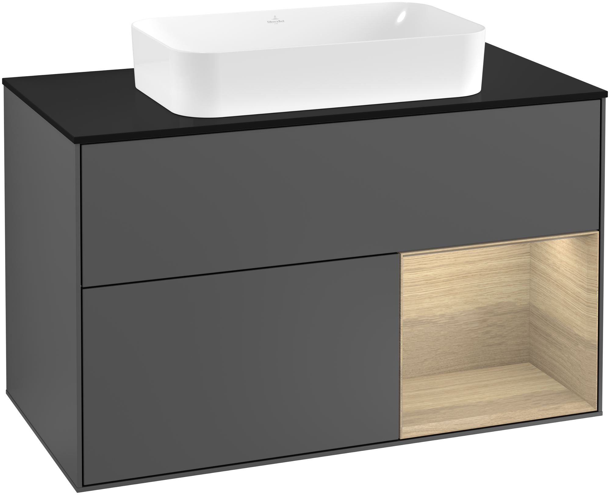 Villeroy & Boch Finion Vanity unit, with lighting, 2 pull-out compartments, 1000x603x501mm, Body: Anthracite Matt Lacquer, Front: Anthracite Matt Lacquer, Shelf: Oak Veneer, Cover plate: Glass Black Matt