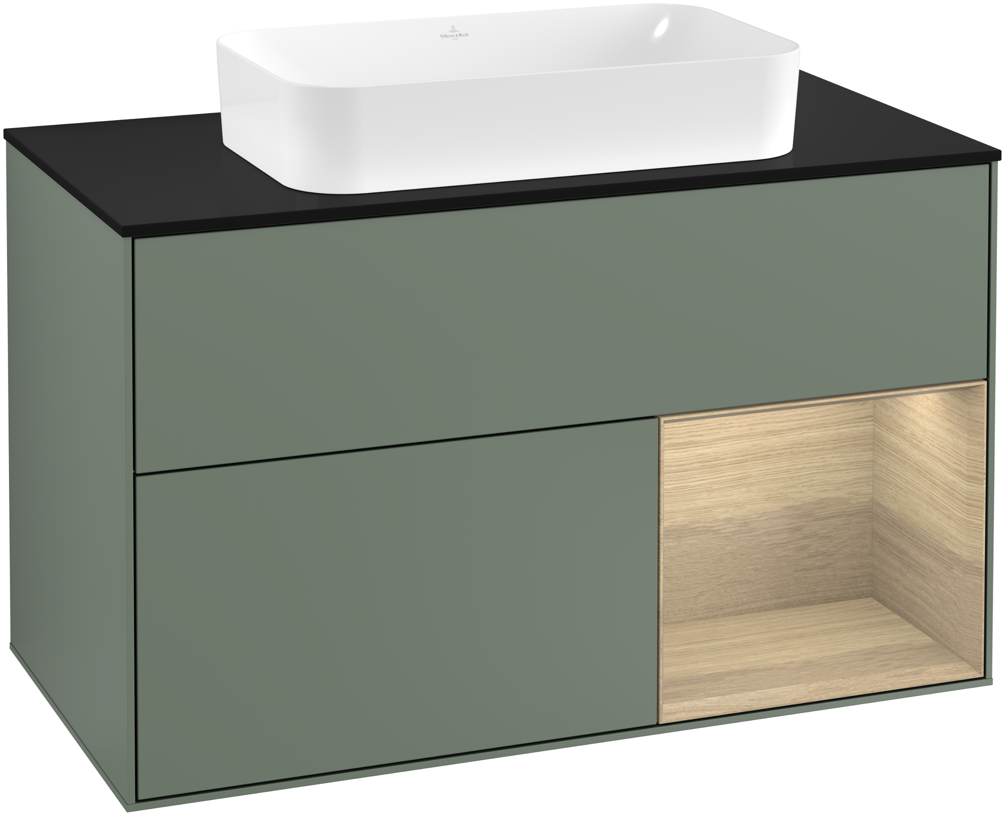Villeroy & Boch Finion Vanity unit, with lighting, 2 pull-out compartments, 1000x603x501mm, Body: Olive Matt Lacquer, Front: Olive Matt Lacquer, Shelf: Oak Veneer, Cover plate: Glass Black Matt