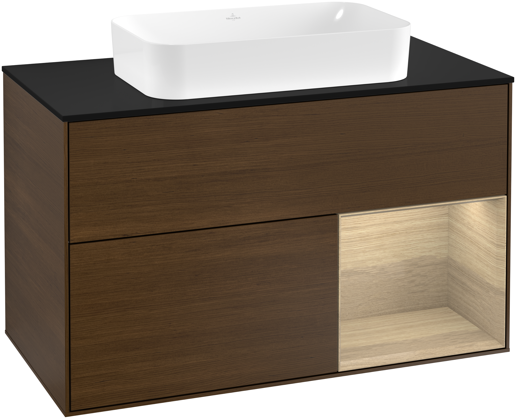 Villeroy & Boch Finion Vanity unit, with lighting, 2 pull-out compartments, 1000x603x501mm, Body: Walnut Veneer, Front: Walnut Veneer, Shelf: Oak Veneer, Cover plate: Glass Black Matt