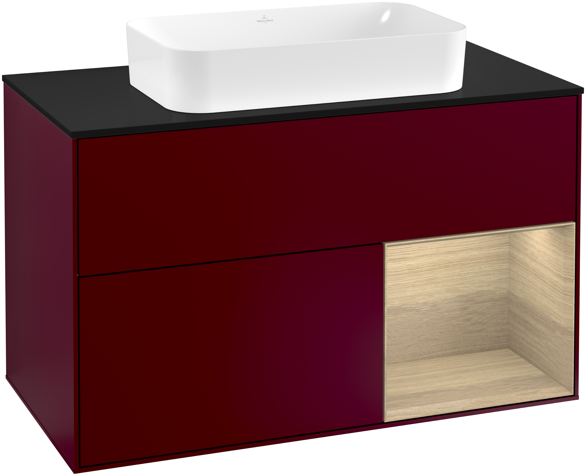 Villeroy & Boch Finion Vanity unit, with lighting, 2 pull-out compartments, 1000x603x501mm, Body: Peony Matt Lacquer, Front: Peony Matt Lacquer, Shelf: Oak Veneer, Cover plate: Glass Black Matt