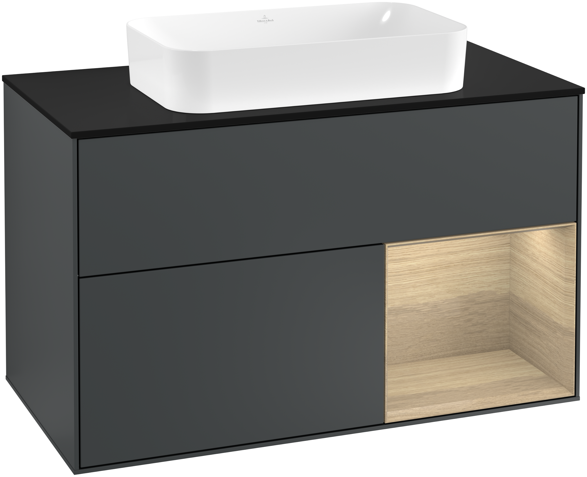 Villeroy & Boch Finion Vanity unit, with lighting, 2 pull-out compartments, 1000x603x501mm, Body: Midnight Blue Matt Lacquer, Front: Midnight Blue Matt Lacquer, Shelf: Oak Veneer, Cover plate: Glass Black Matt