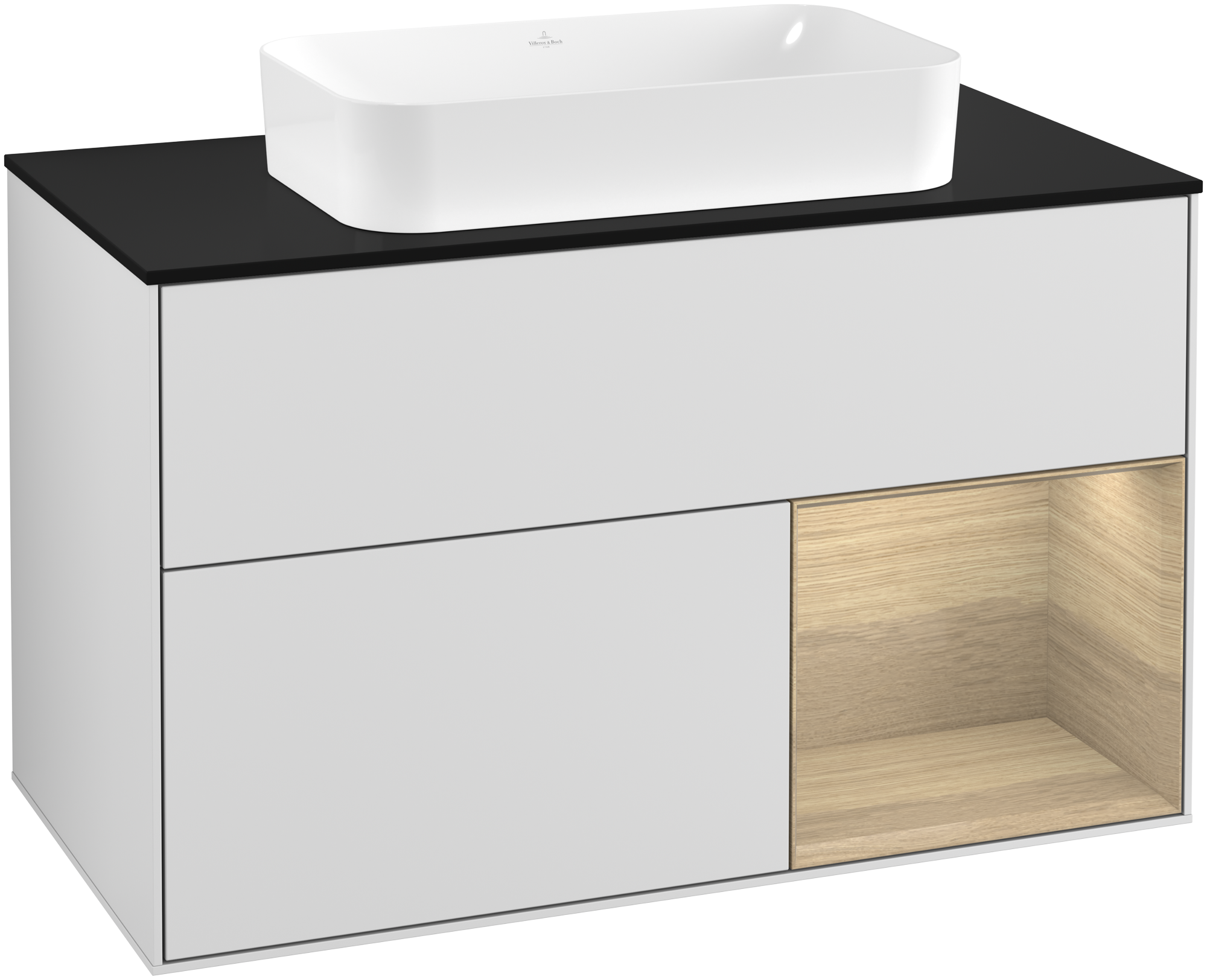 Villeroy & Boch Finion Vanity unit, with lighting, 2 pull-out compartments, 1000x603x501mm, Body: White Matt Lacquer, Front: White Matt Lacquer, Shelf: Oak Veneer, Cover plate: Glass Black Matt