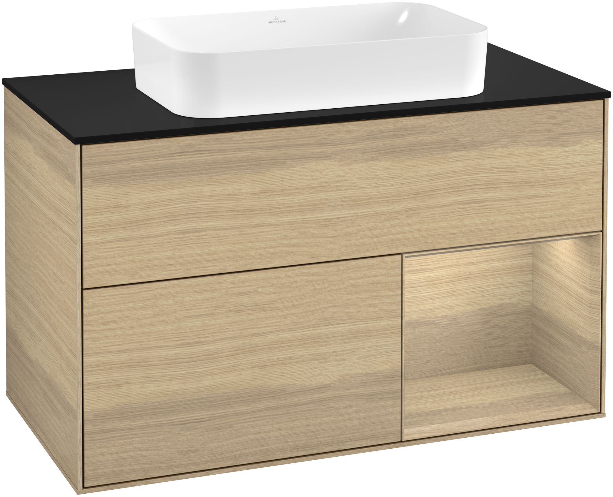 Villeroy & Boch Finion Vanity unit, with lighting, 2 pull-out compartments, 1000x603x501mm, Body: Oak Veneer, Front: Oak Veneer, Shelf: Oak Veneer, Cover plate: Glass Black Matt