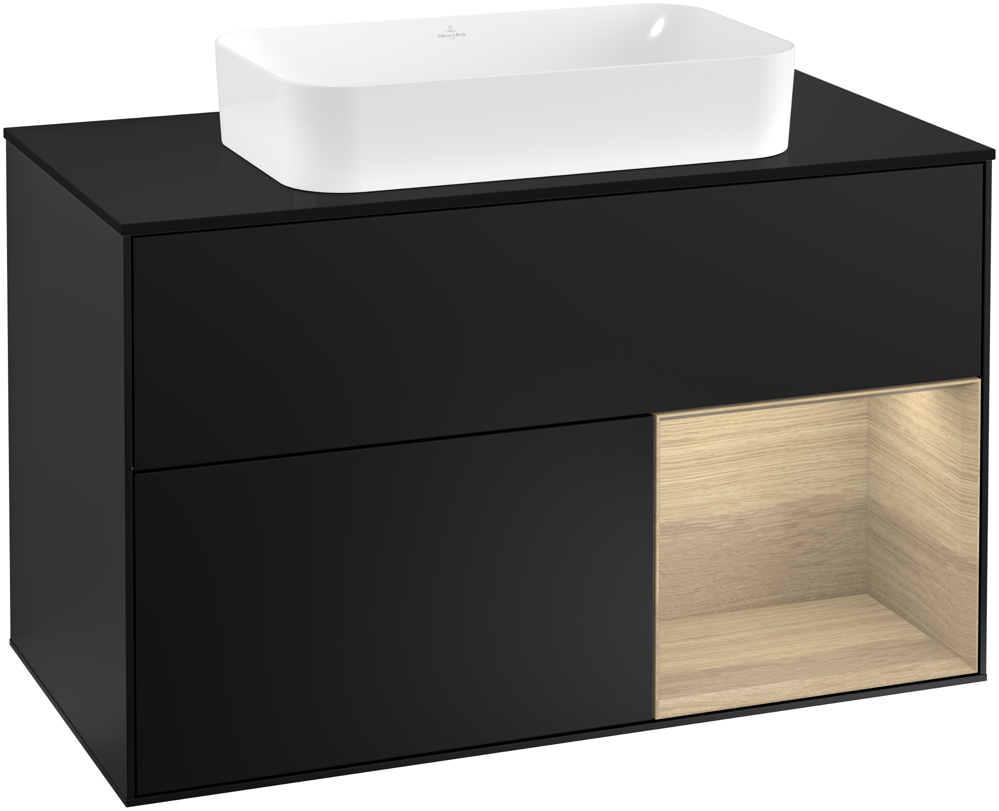 Villeroy & Boch Finion Vanity unit, with lighting, 2 pull-out compartments, 1000x603x501mm, Body: Black Matt Lacquer, Front: Black Matt Lacquer, Shelf: Oak Veneer, Cover plate: Glass Black Matt