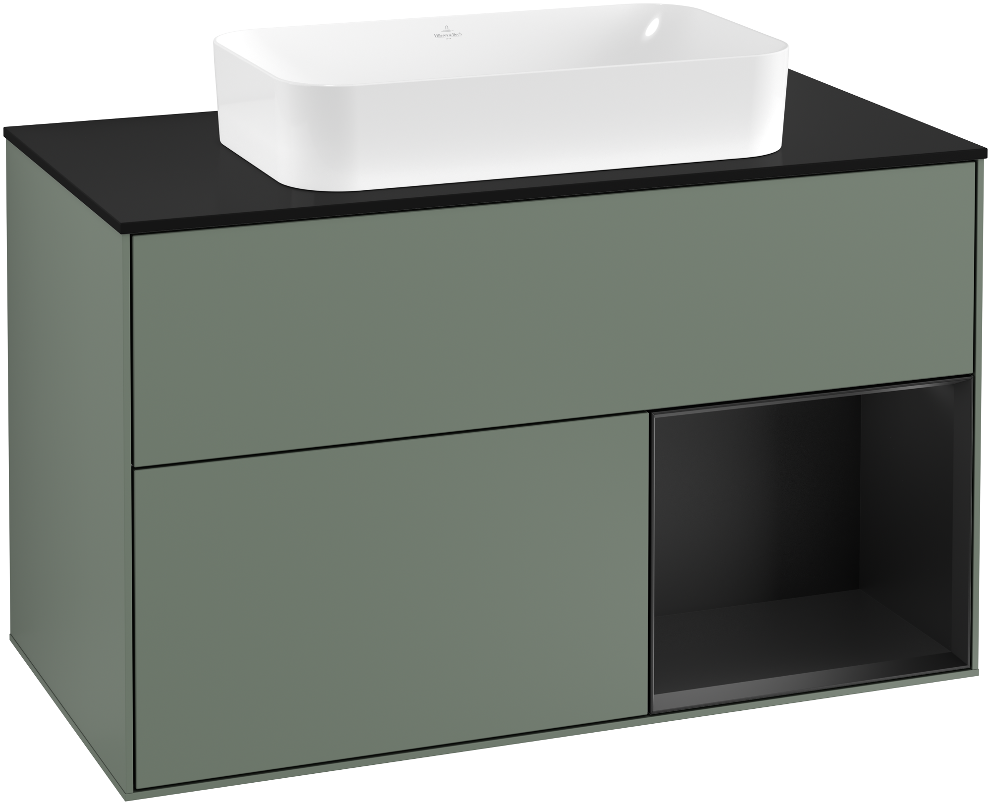 Villeroy & Boch Finion Vanity unit, with lighting, 2 pull-out compartments, 1000x603x501mm, Body: Olive Matt Lacquer, Front: Olive Matt Lacquer, Shelf: Black Matt Lacquer, Cover plate: Glass Black Matt