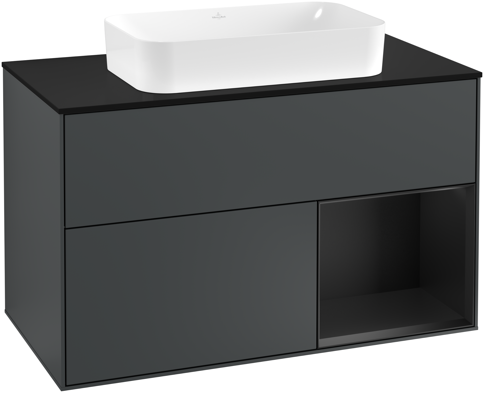 Villeroy & Boch Finion Vanity unit, with lighting, 2 pull-out compartments, 1000x603x501mm, Body: Midnight Blue Matt Lacquer, Front: Midnight Blue Matt Lacquer, Shelf: Black Matt Lacquer, Cover plate: Glass Black Matt