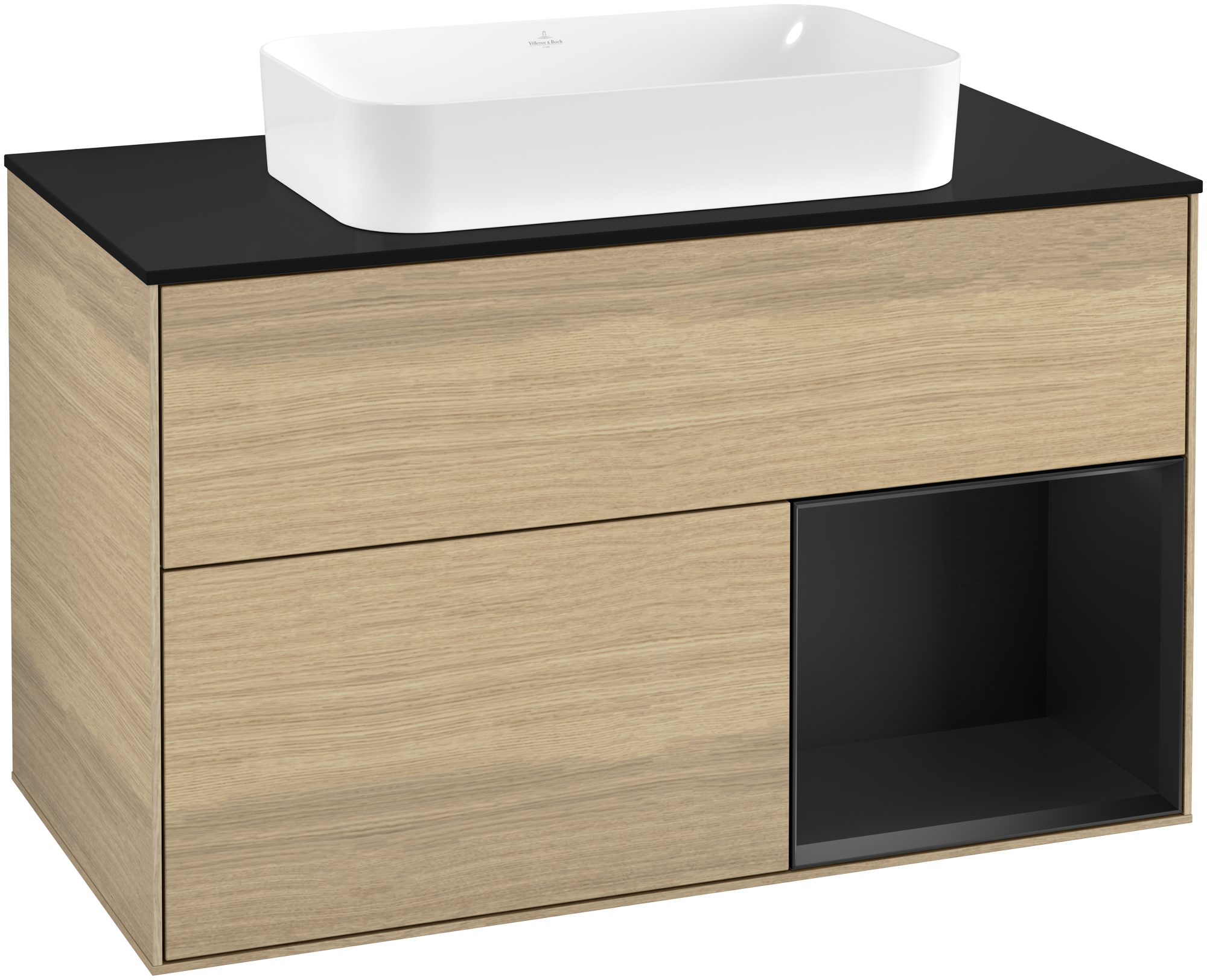 Villeroy & Boch Finion Vanity unit, with lighting, 2 pull-out compartments, 1000x603x501mm, Body: Oak Veneer, Front: Oak Veneer, Shelf: Black Matt Lacquer, Cover plate: Glass Black Matt