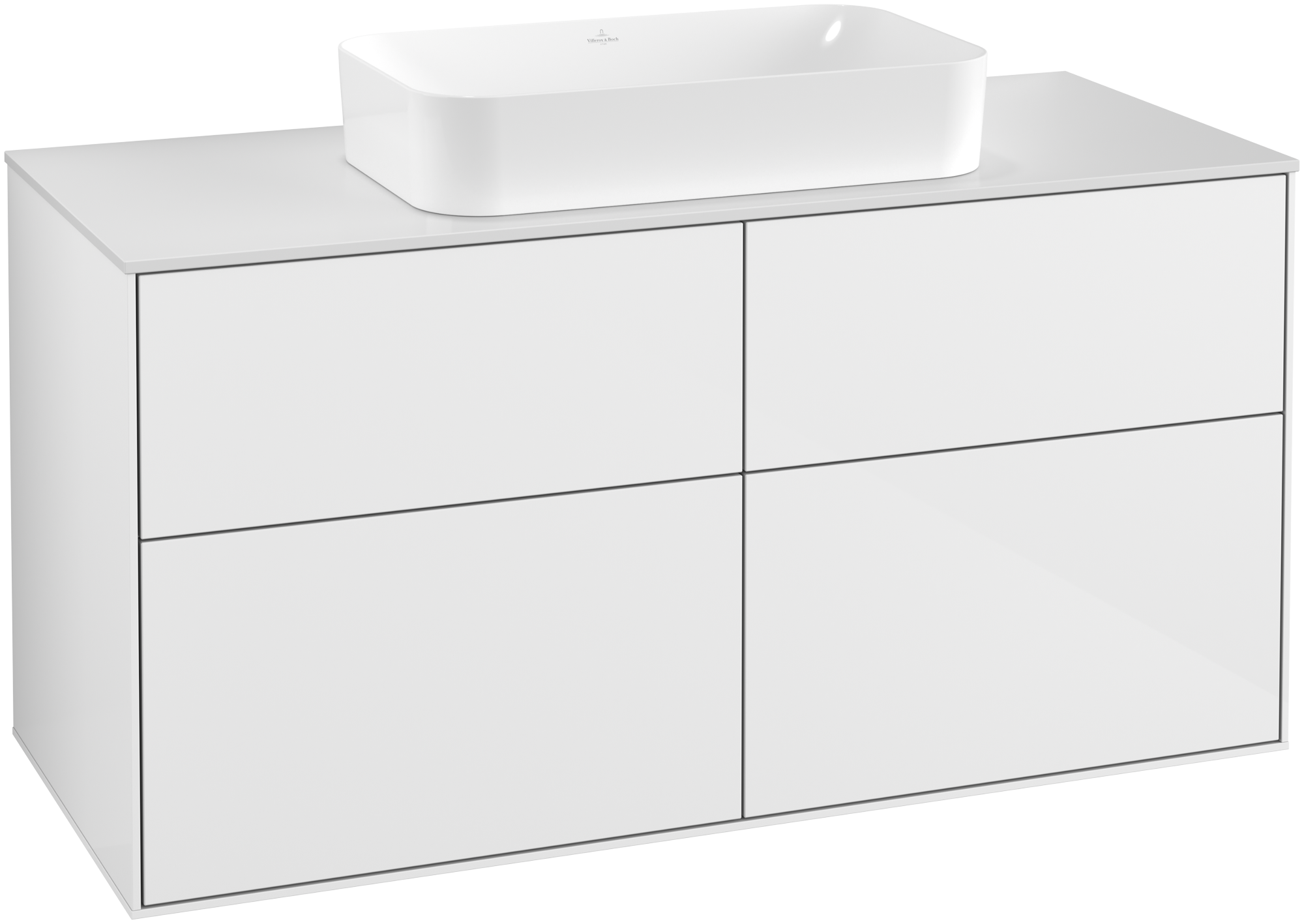 Villeroy & Boch Finion Waschbeckenunterschrank, mit Beleuchtung, 4 Auszüge, 1200x603x501mm, Korpus: Glossy White Lacquer, Front: Glossy White Lacquer, Abdeckplatte: Glass White Matt