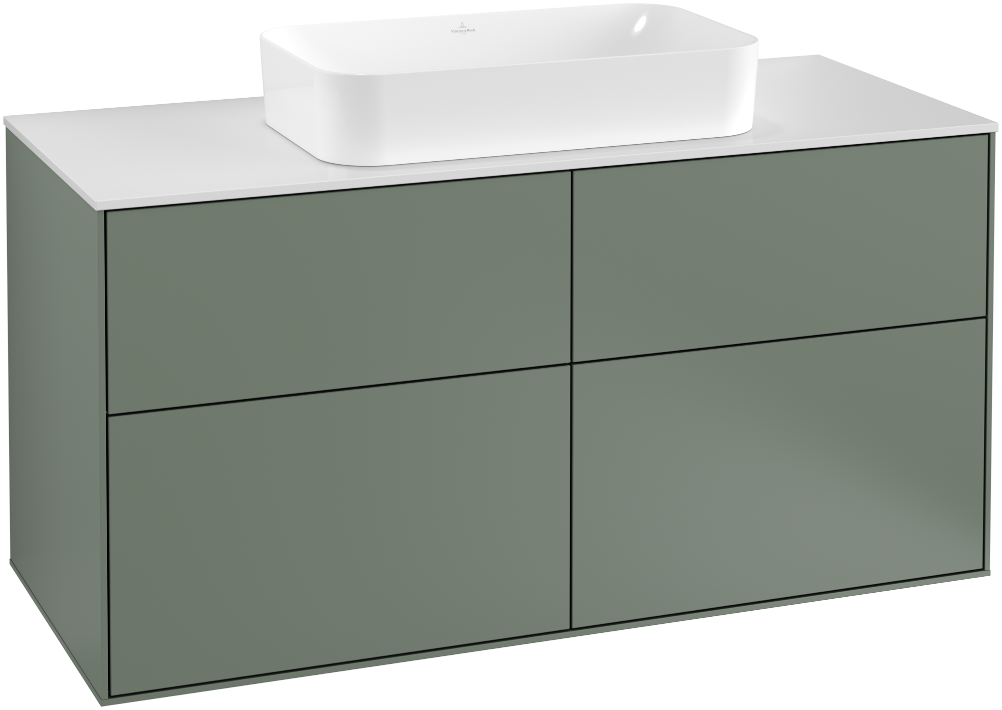 Villeroy & Boch Finion Vanity unit, with lighting, 4 pull-out compartments, 1200x603x501mm, Body: Olive Matt Lacquer, Front: Olive Matt Lacquer, Cover plate: Glass White Matt