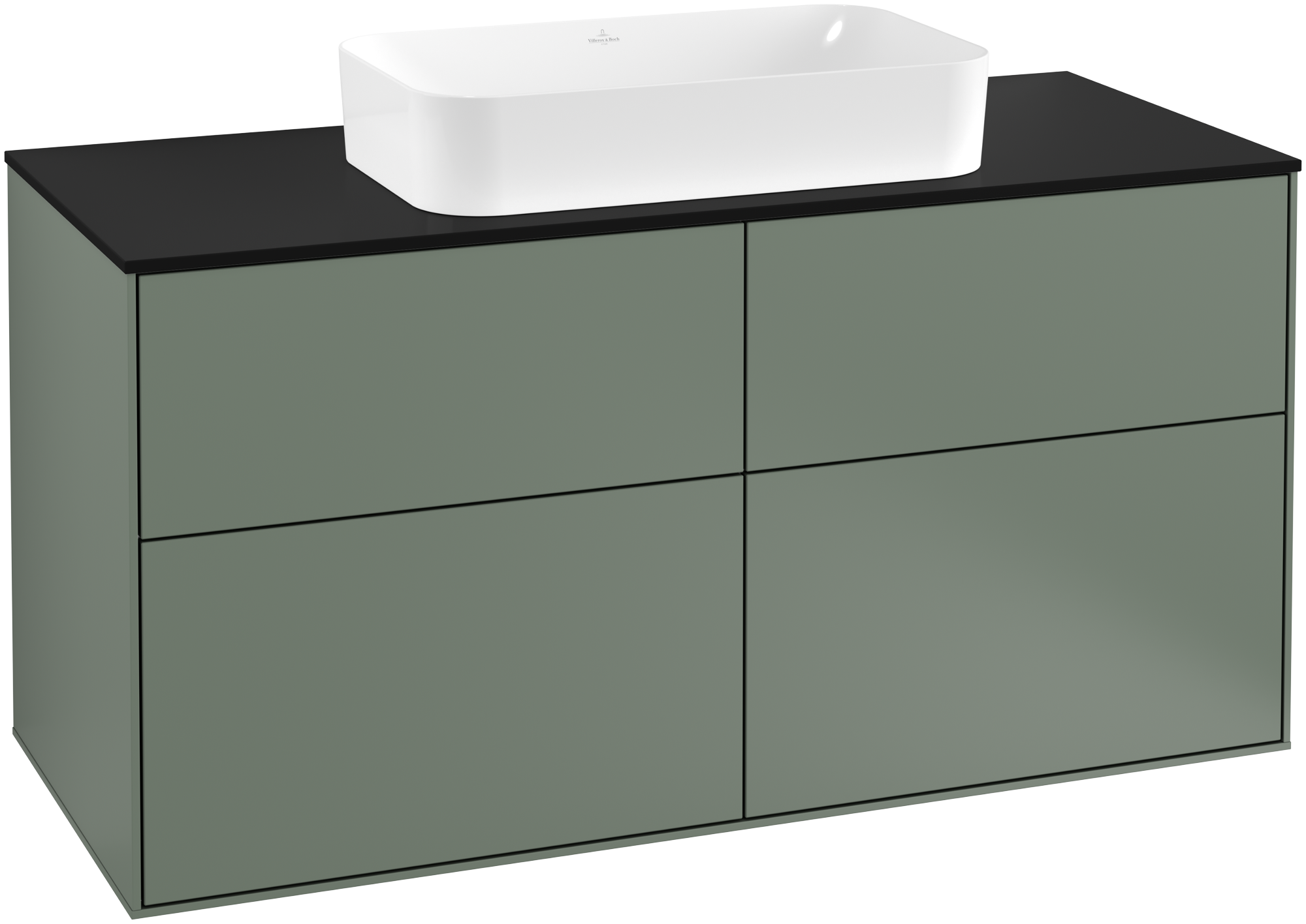 Villeroy & Boch Finion Vanity unit, with lighting, 4 pull-out compartments, 1200x603x501mm, Body: Olive Matt Lacquer, Front: Olive Matt Lacquer, Cover plate: Glass Black Matt
