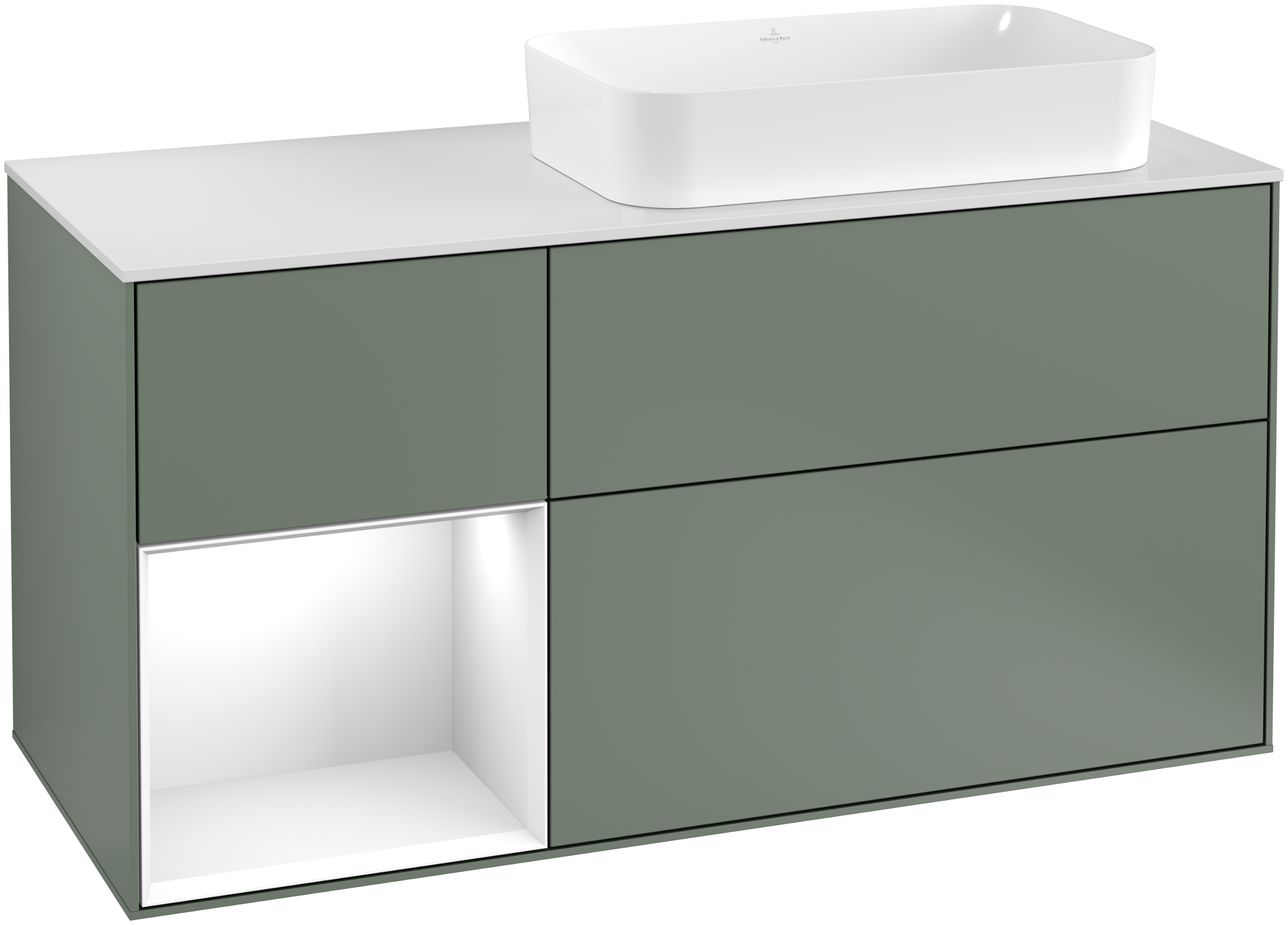 Villeroy & Boch Finion Vanity unit, with lighting, 3 pull-out compartments, 1200x603x501mm, Body: Olive Matt Lacquer, Front: Olive Matt Lacquer, Shelf: Glossy White Lacquer, Cover plate: Glass White Matt