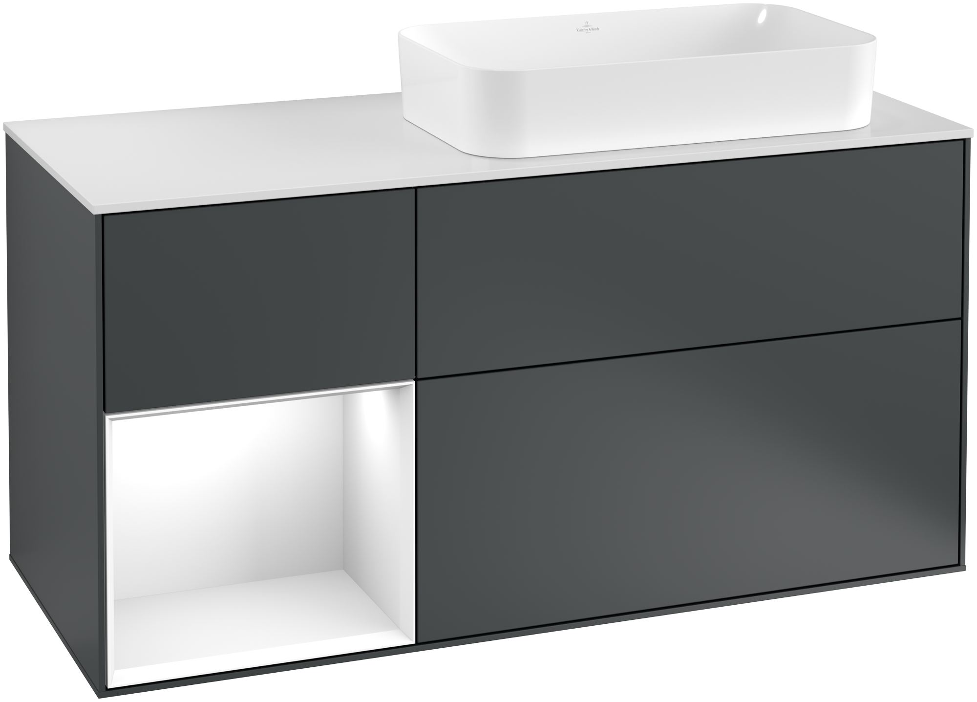 Villeroy & Boch Finion Vanity unit, with lighting, 3 pull-out compartments, 1200x603x501mm, Body: Midnight Blue Matt Lacquer, Front: Midnight Blue Matt Lacquer, Shelf: Glossy White Lacquer, Cover plate: Glass White Matt