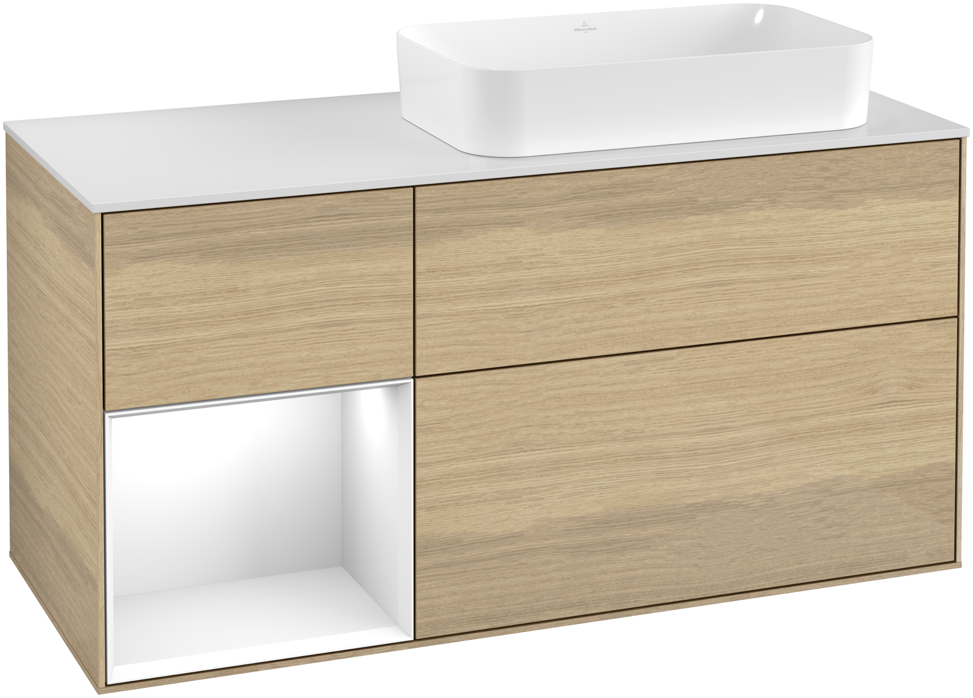 Villeroy & Boch Finion Vanity unit, with lighting, 3 pull-out compartments, 1200x603x501mm, Body: Oak Veneer, Front: Oak Veneer, Shelf: Glossy White Lacquer, Cover plate: Glass White Matt