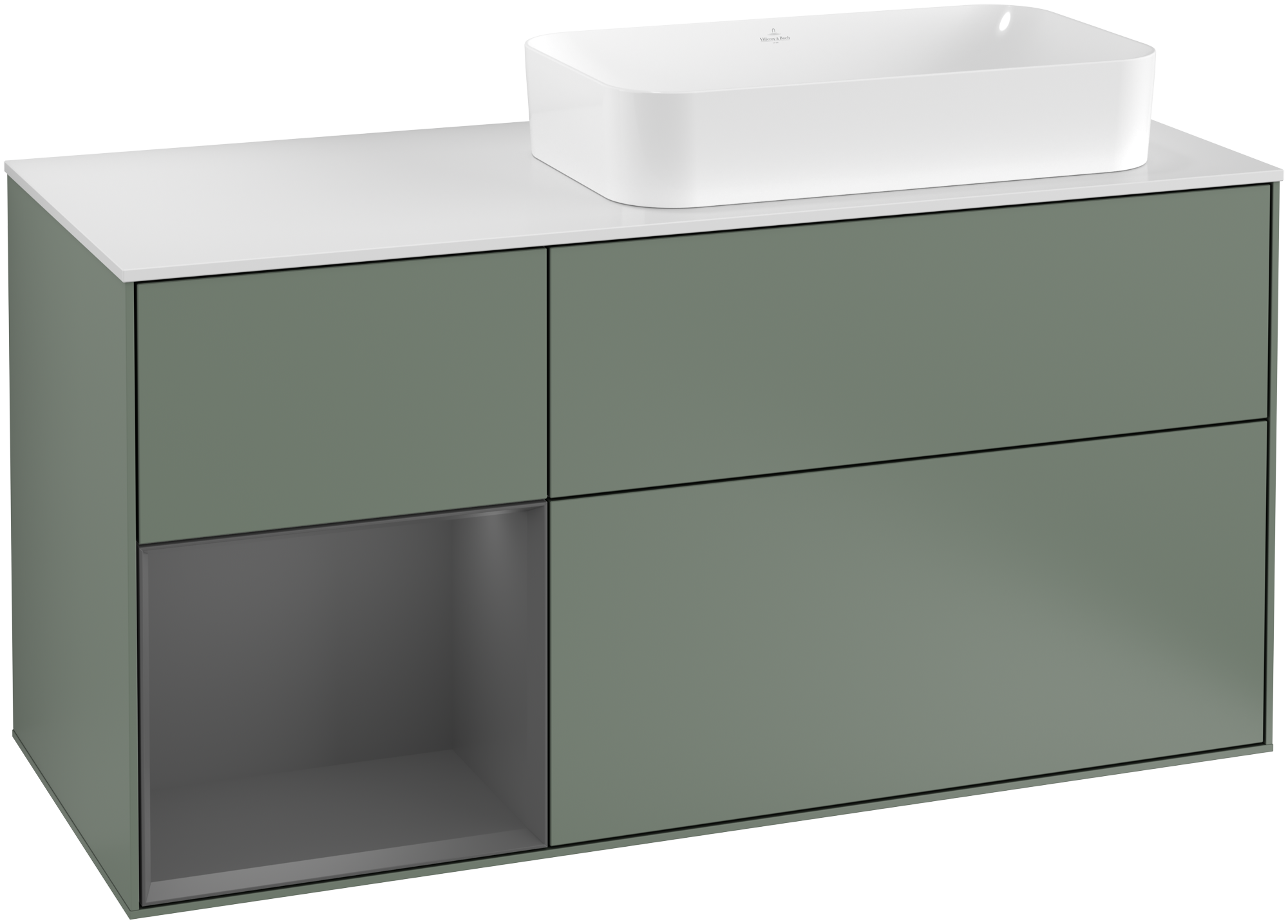 Villeroy & Boch Finion Vanity unit, with lighting, 3 pull-out compartments, 1200x603x501mm, Body: Olive Matt Lacquer, Front: Olive Matt Lacquer, Shelf: Anthracite Matt Lacquer, Cover plate: Glass White Matt