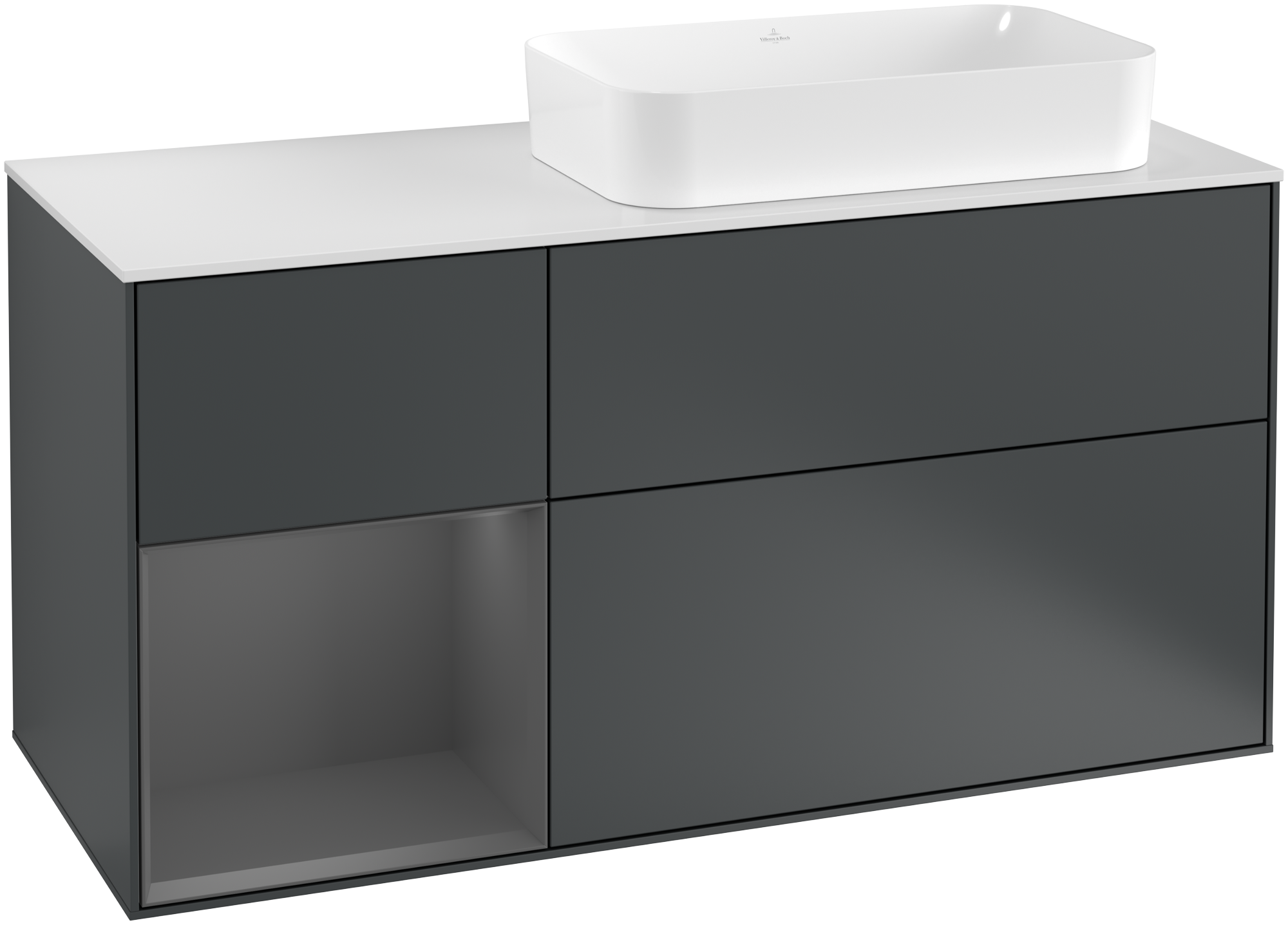 Villeroy & Boch Finion Vanity unit, with lighting, 3 pull-out compartments, 1200x603x501mm, Body: Midnight Blue Matt Lacquer, Front: Midnight Blue Matt Lacquer, Shelf: Anthracite Matt Lacquer, Cover plate: Glass White Matt