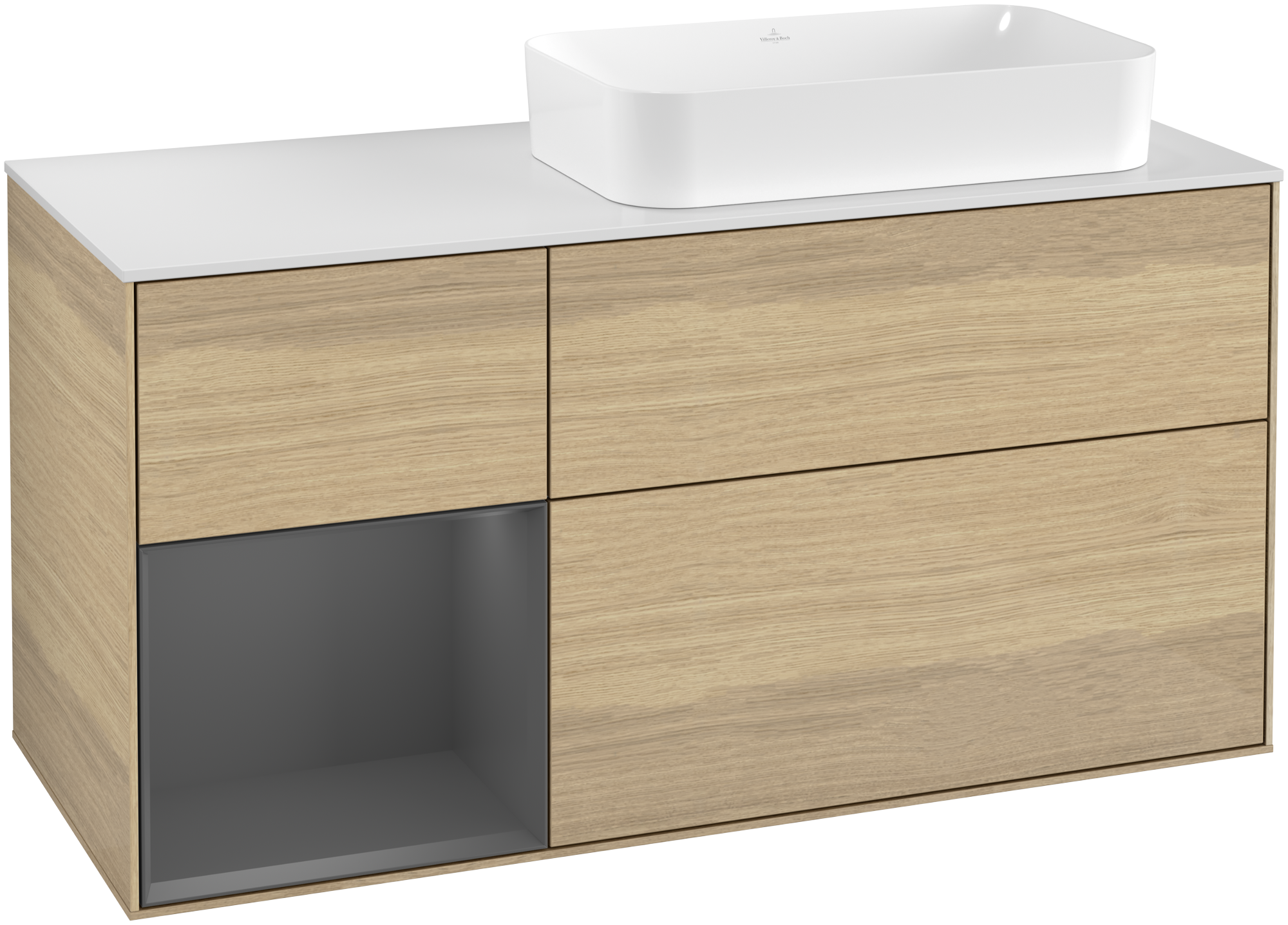 Villeroy & Boch Finion Vanity unit, with lighting, 3 pull-out compartments, 1200x603x501mm, Body: Oak Veneer, Front: Oak Veneer, Shelf: Anthracite Matt Lacquer, Cover plate: Glass White Matt