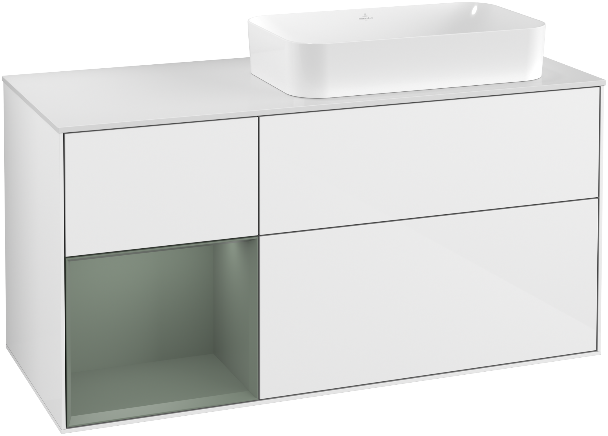 Villeroy & Boch Finion Vanity unit, with lighting, 3 pull-out compartments, 1200x603x501mm, Body: Glossy White Lacquer, Front: Glossy White Lacquer, Shelf: Olive Matt Lacquer, Cover plate: Glass White Matt