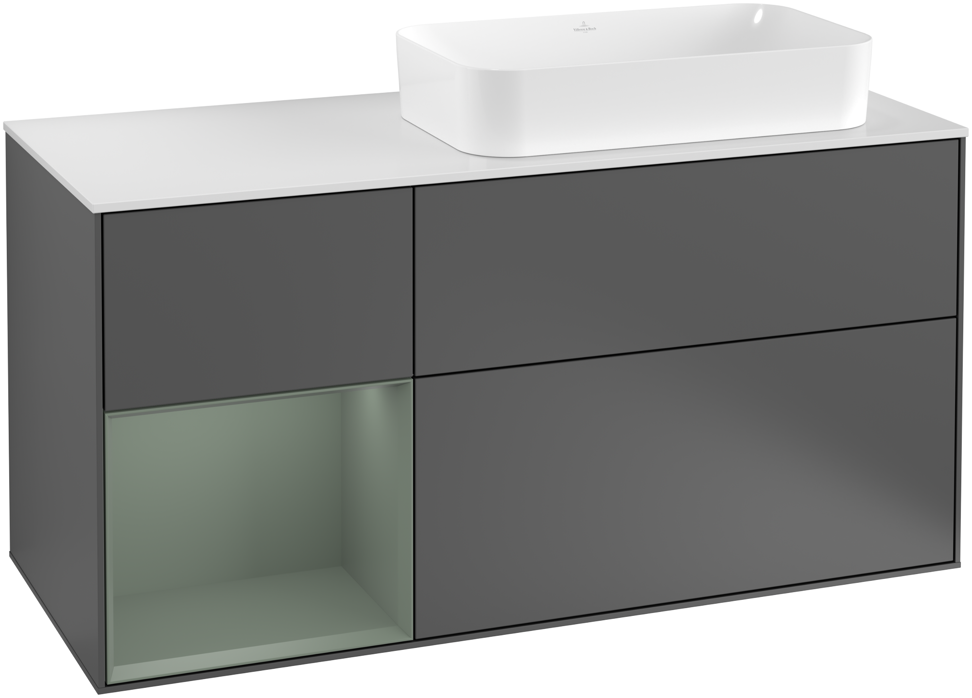 Villeroy & Boch Finion Vanity unit, with lighting, 3 pull-out compartments, 1200x603x501mm, Body: Anthracite Matt Lacquer, Front: Anthracite Matt Lacquer, Shelf: Olive Matt Lacquer, Cover plate: Glass White Matt