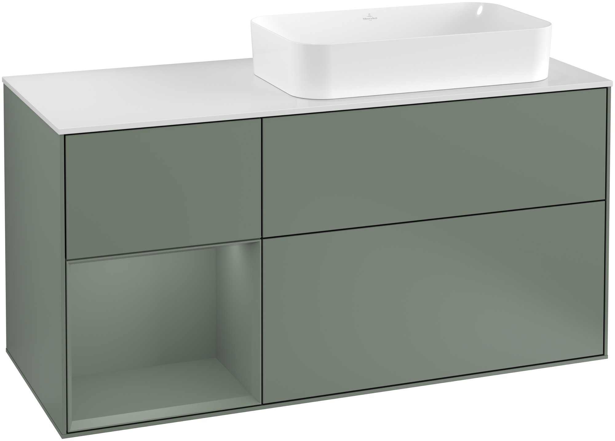 Villeroy & Boch Finion Vanity unit, with lighting, 3 pull-out compartments, 1200x603x501mm, Body: Olive Matt Lacquer, Front: Olive Matt Lacquer, Shelf: Olive Matt Lacquer, Cover plate: Glass White Matt